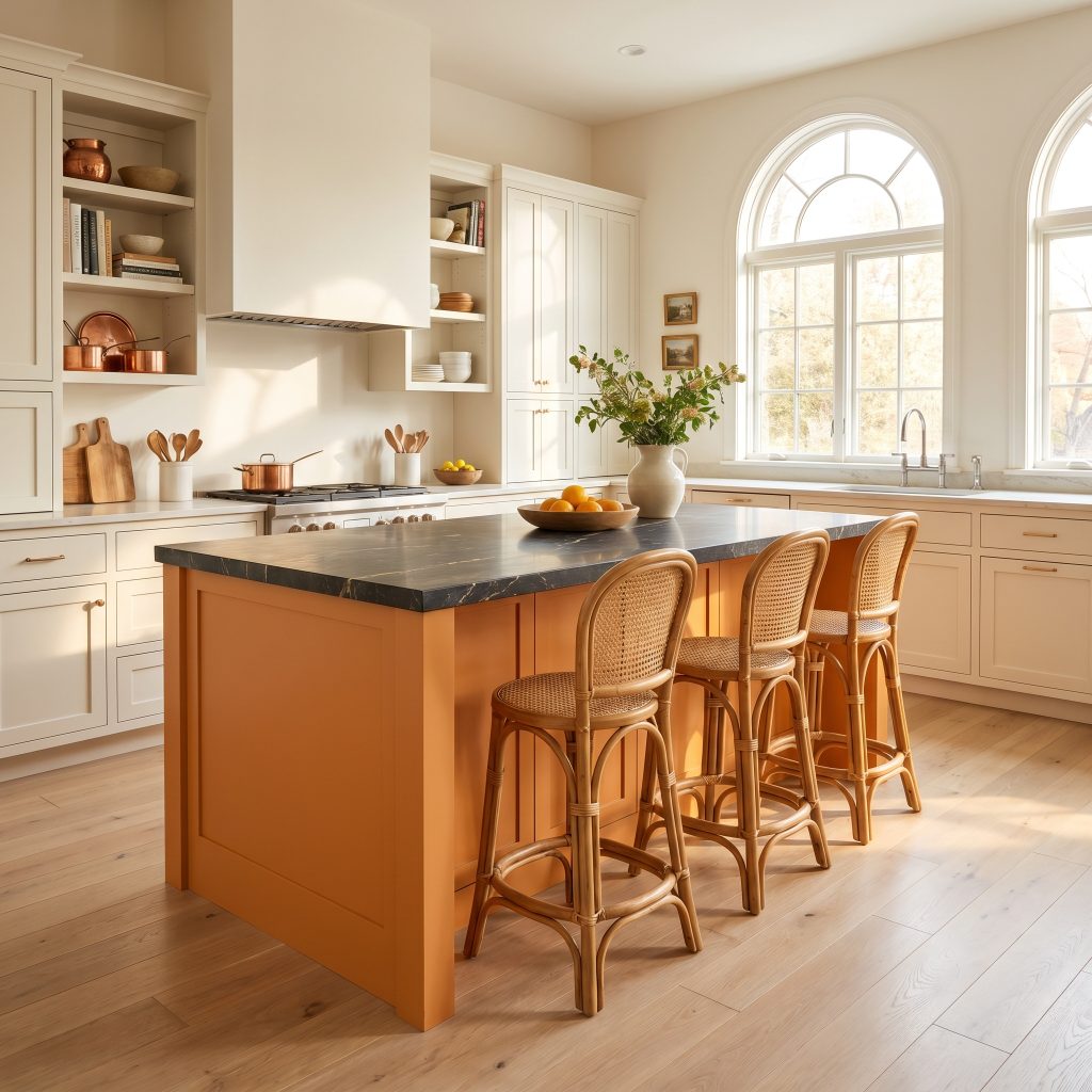 Woven cane bentwood stools are pulled up to a central kitchen island featuring an earthy orange base topped with heavy, honed dark marble.