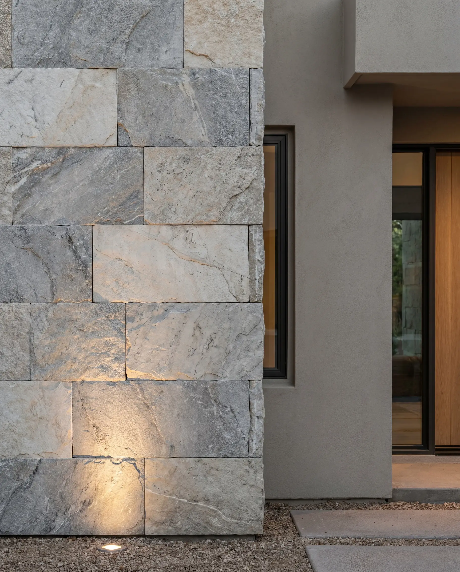 Large-format honed limestone veneer panels tightly dry-stacked complement a smooth painted wall, offering exceptional modern greige facade ideas under subtle recessed ground lighting.