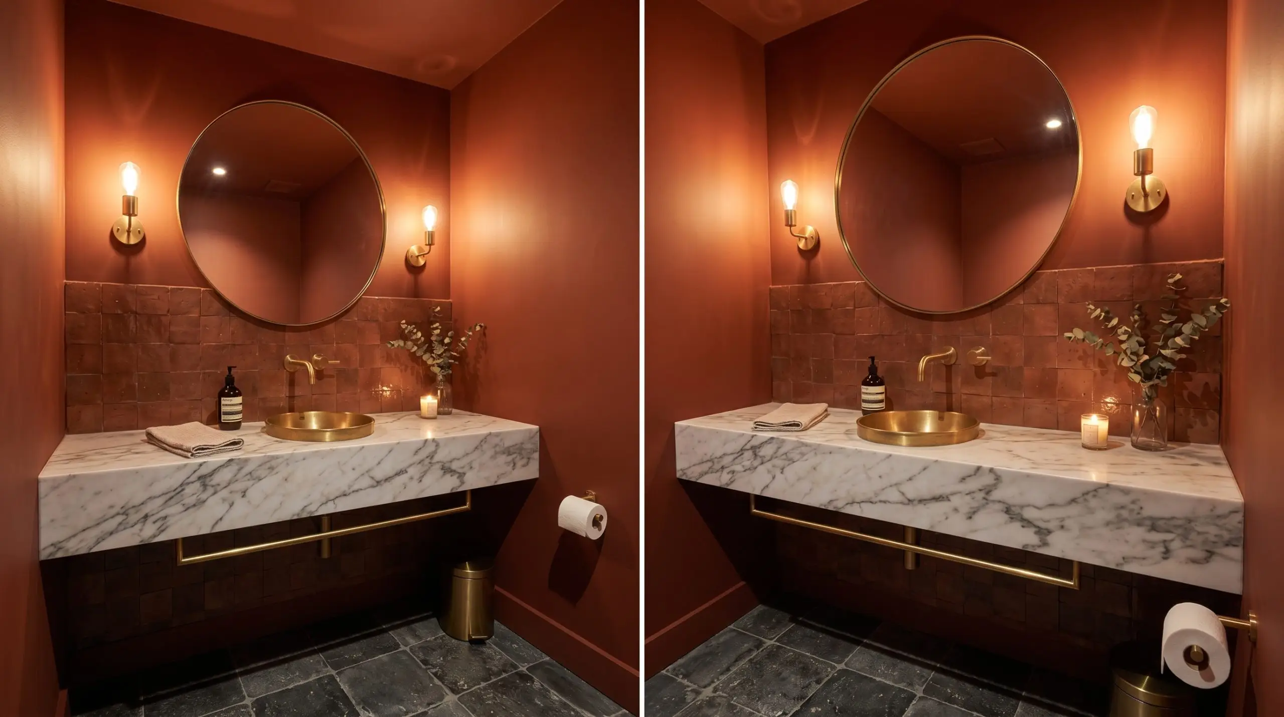 Unlacquered brass wall sconces cast a warm glow against deeply textured zellige tiles and a floating honed marble vanity in a Red Jacks powder room.