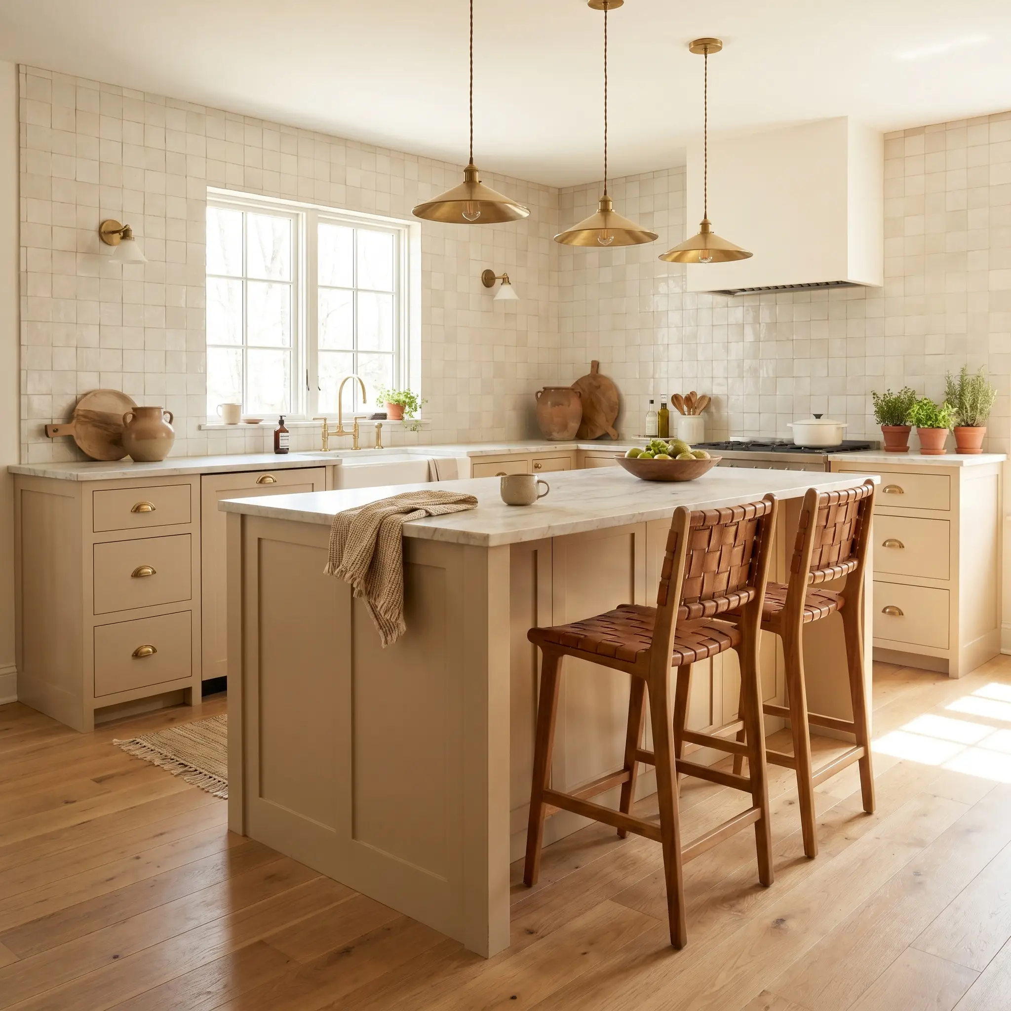Warm mid-tone beige lower cabinetry features unlacquered brass drawer pulls and honed marble countertops set against off-white ceramic zellige tile walls.