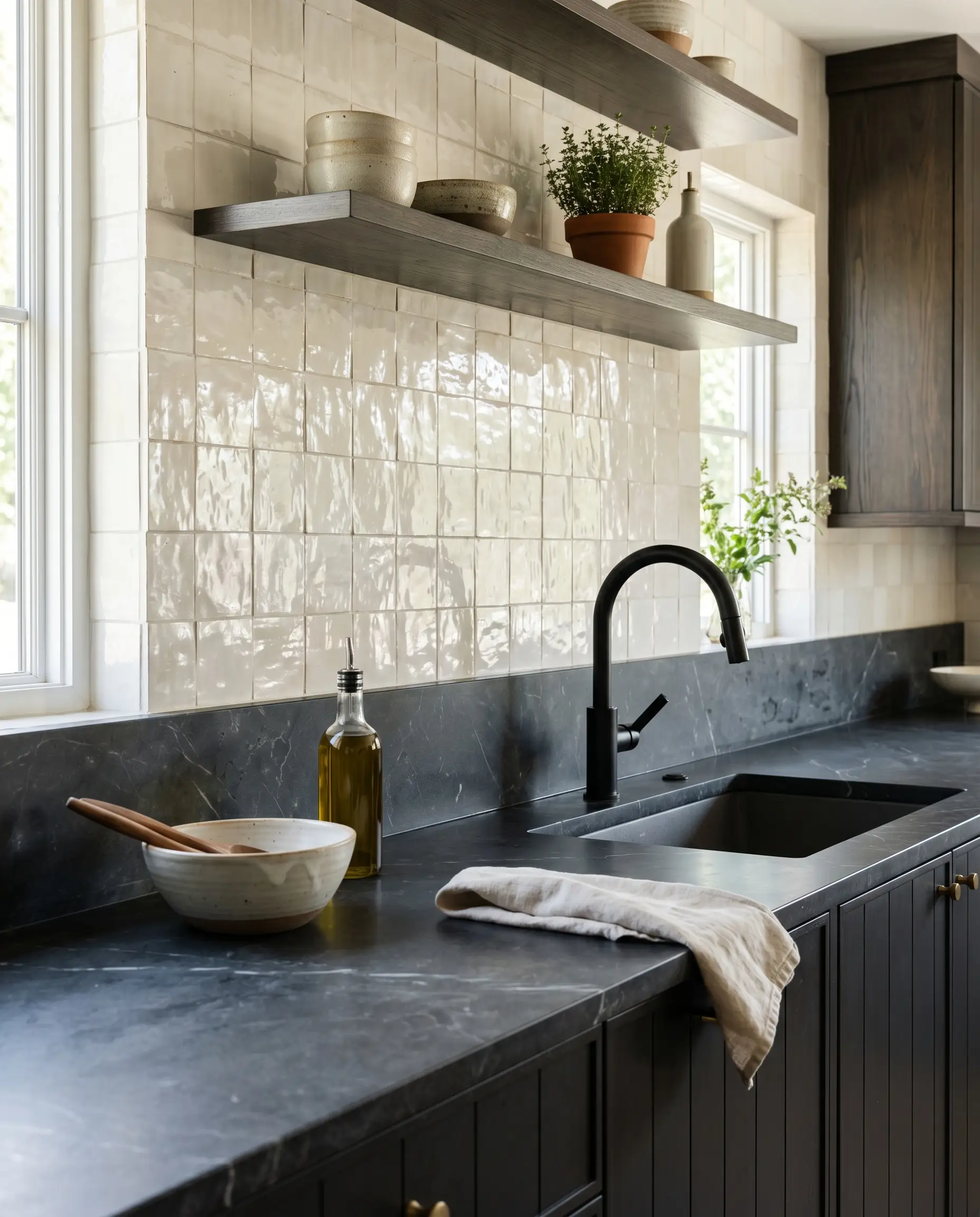 A minimal two-inch slab of honed Pietra Gray charcoal marble transitions into a high-gloss semi-translucent ivory tile wall behind a contemporary faucet.