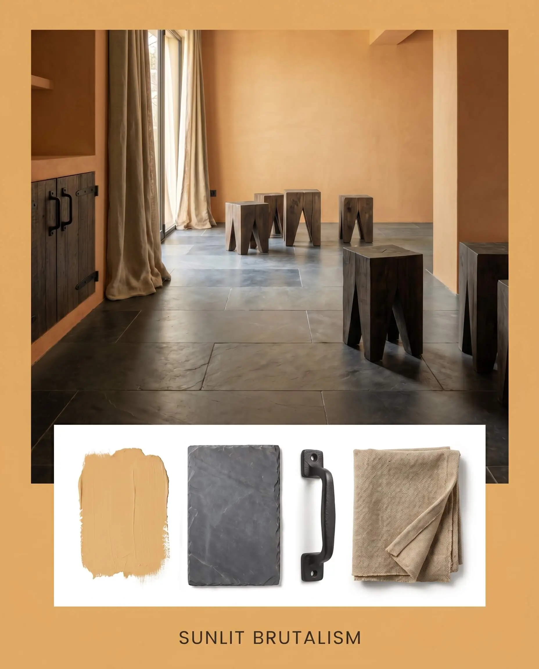 Brutalist wooden stools and heavy canvas drapery anchor a room with honed slate floors, accompanied by a flat-lay displaying an earthy mid-tone paint slab and matte black iron pull.