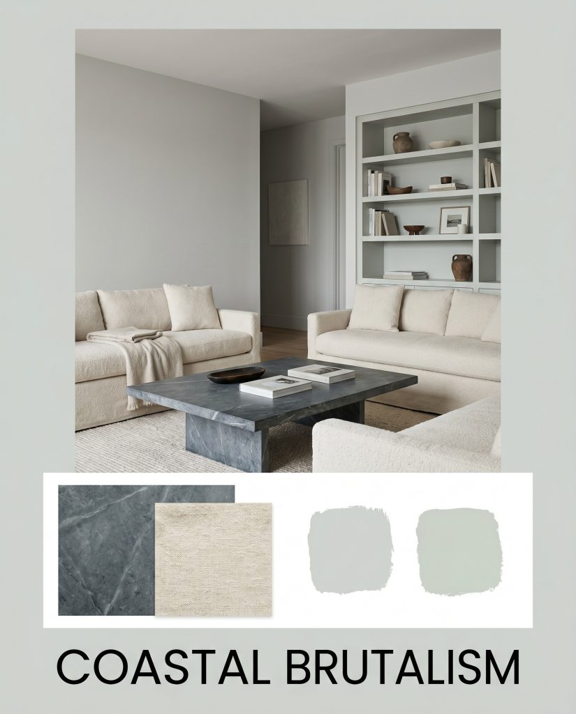 A heavy honed soapstone coffee table and unbleached wool slipcovered seating anchor a serene living space painted in Behr Platinum (Hex #d1d4d1) above a tactile material flat-lay.