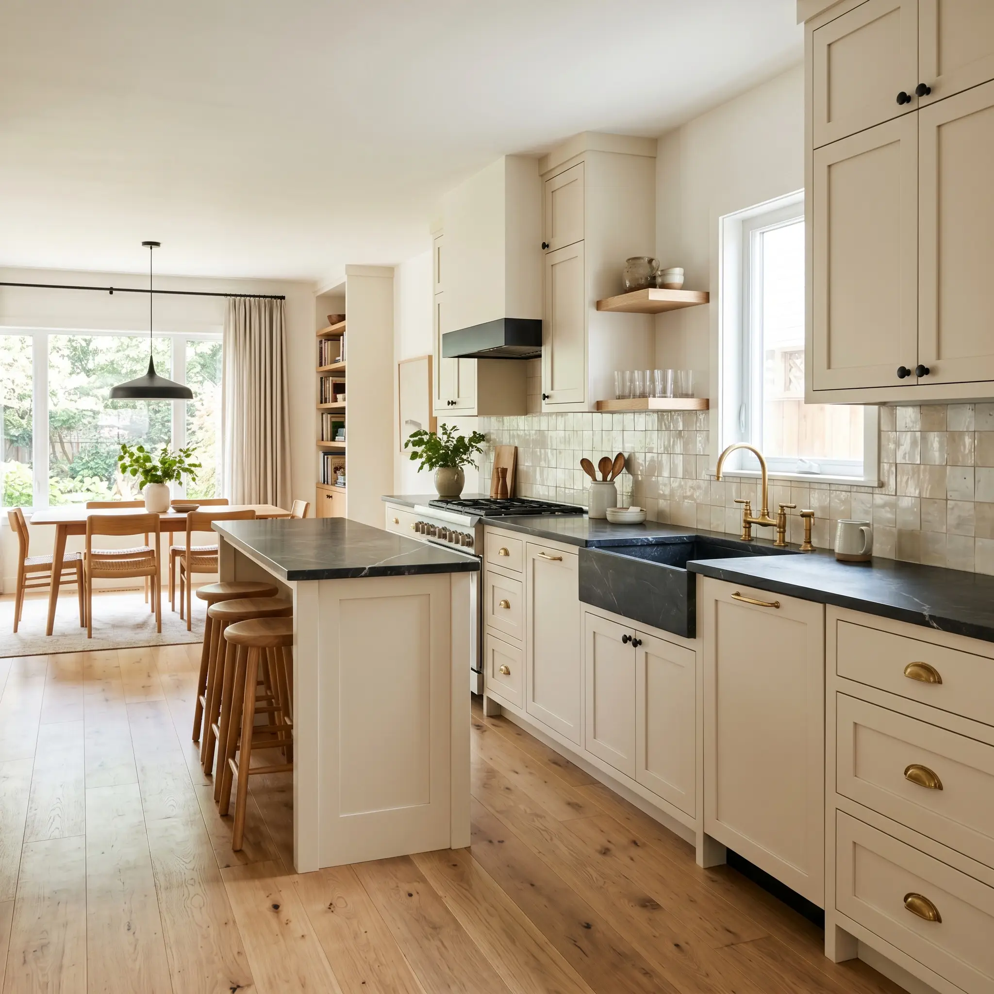 Matte black hardware and unlacquered brass pulls accent muted yellow-green base cabinetry painted in Dulux Snowy Mountains Half (Hex #edede5).