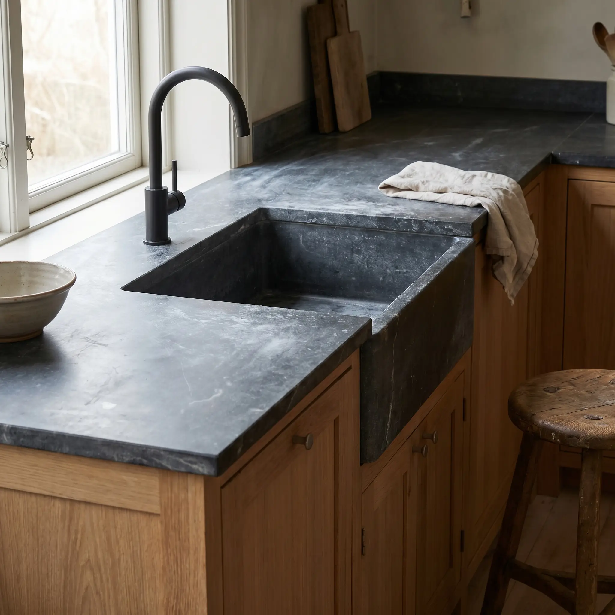 A raw, honed soapstone kitchen countertop with an integrated sink and matte black faucet rests over pale oak cabinetry.