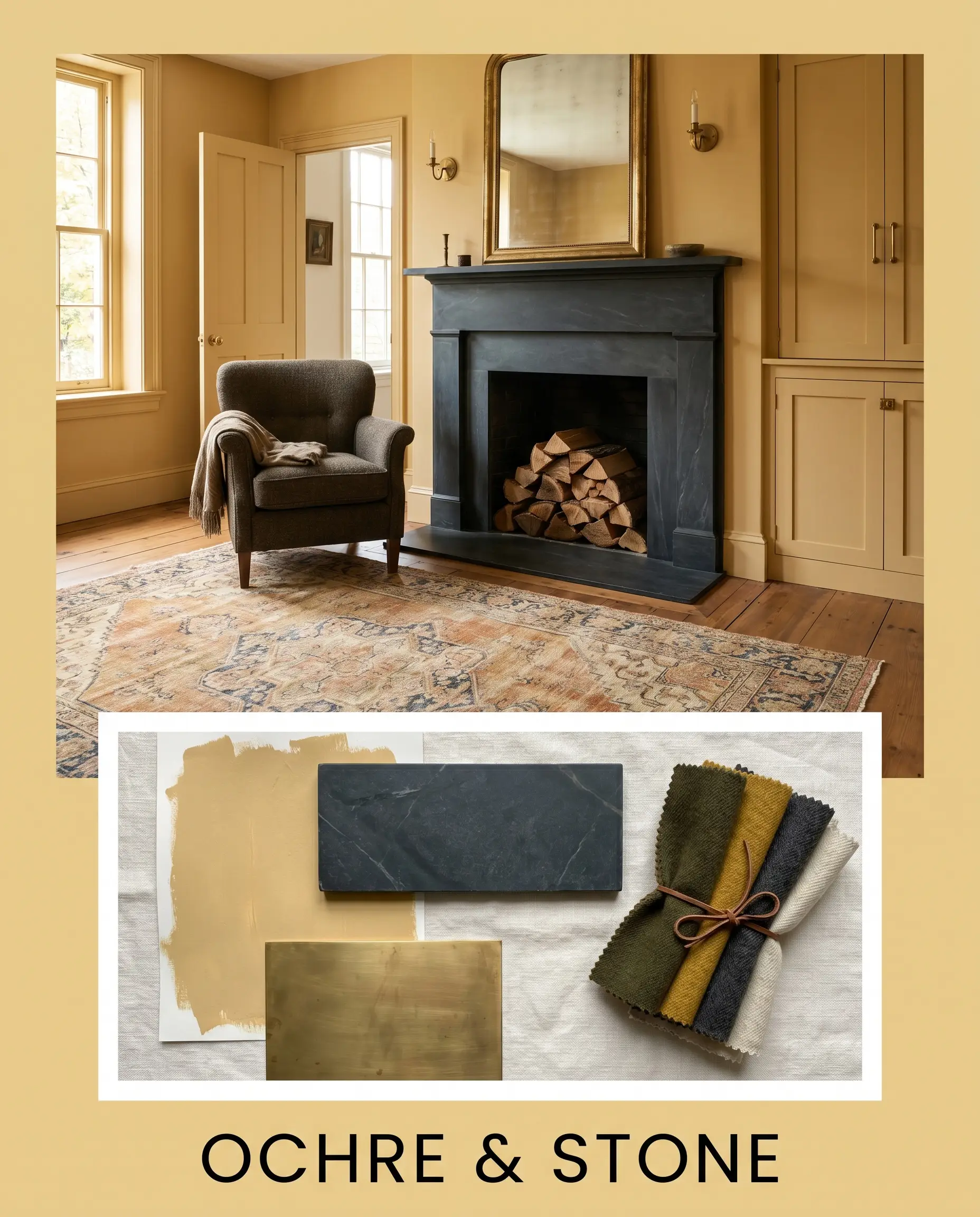 A heritage room featuring a dark honed soapstone fireplace sits above a flat-lay displaying unlacquered brass, worsted wool swatches, and historical ochre paint textures.