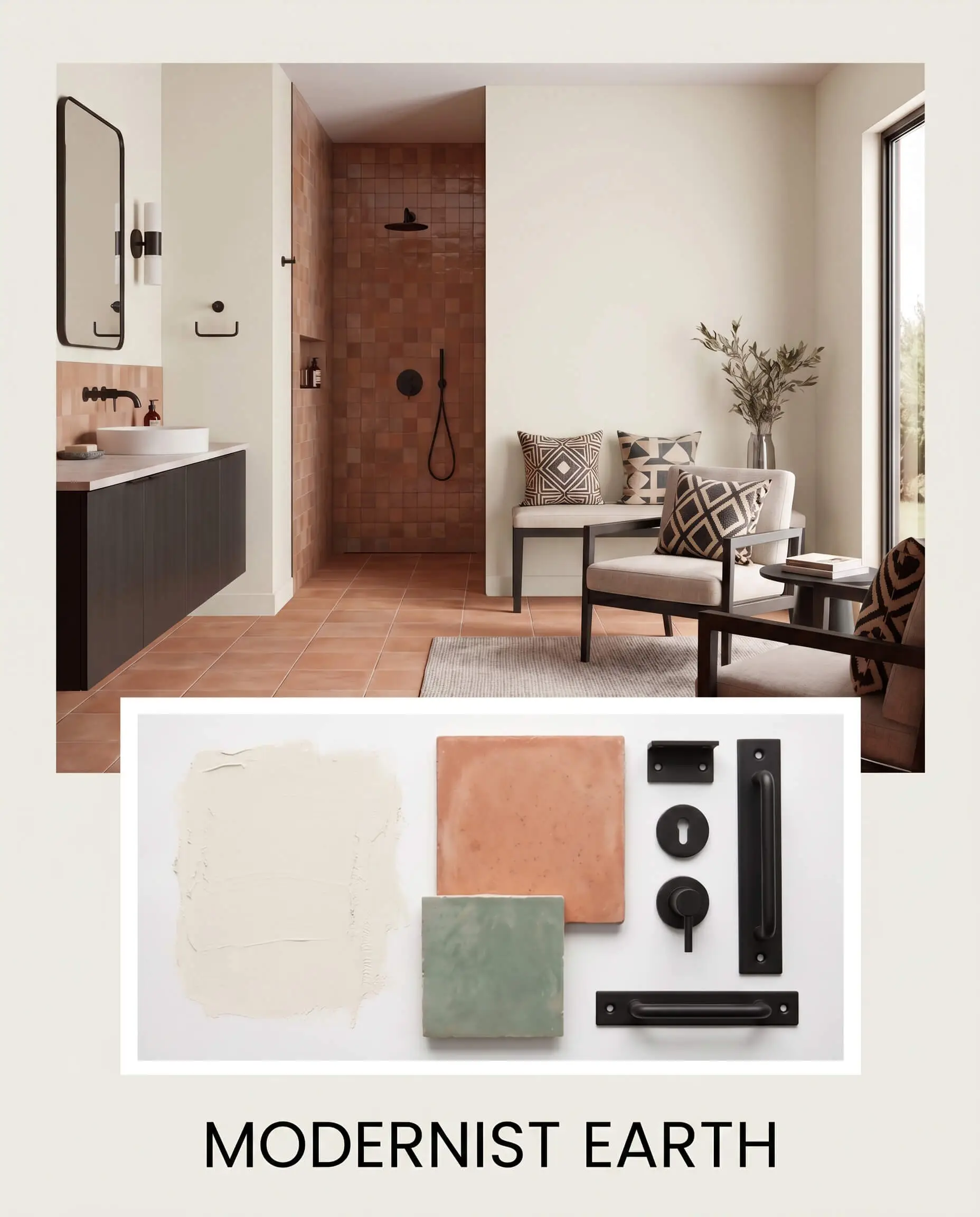 Honed terracotta floors and zellige tile define a tailored living space displayed above a modernist earth material flat-lay featuring matte black hardware.