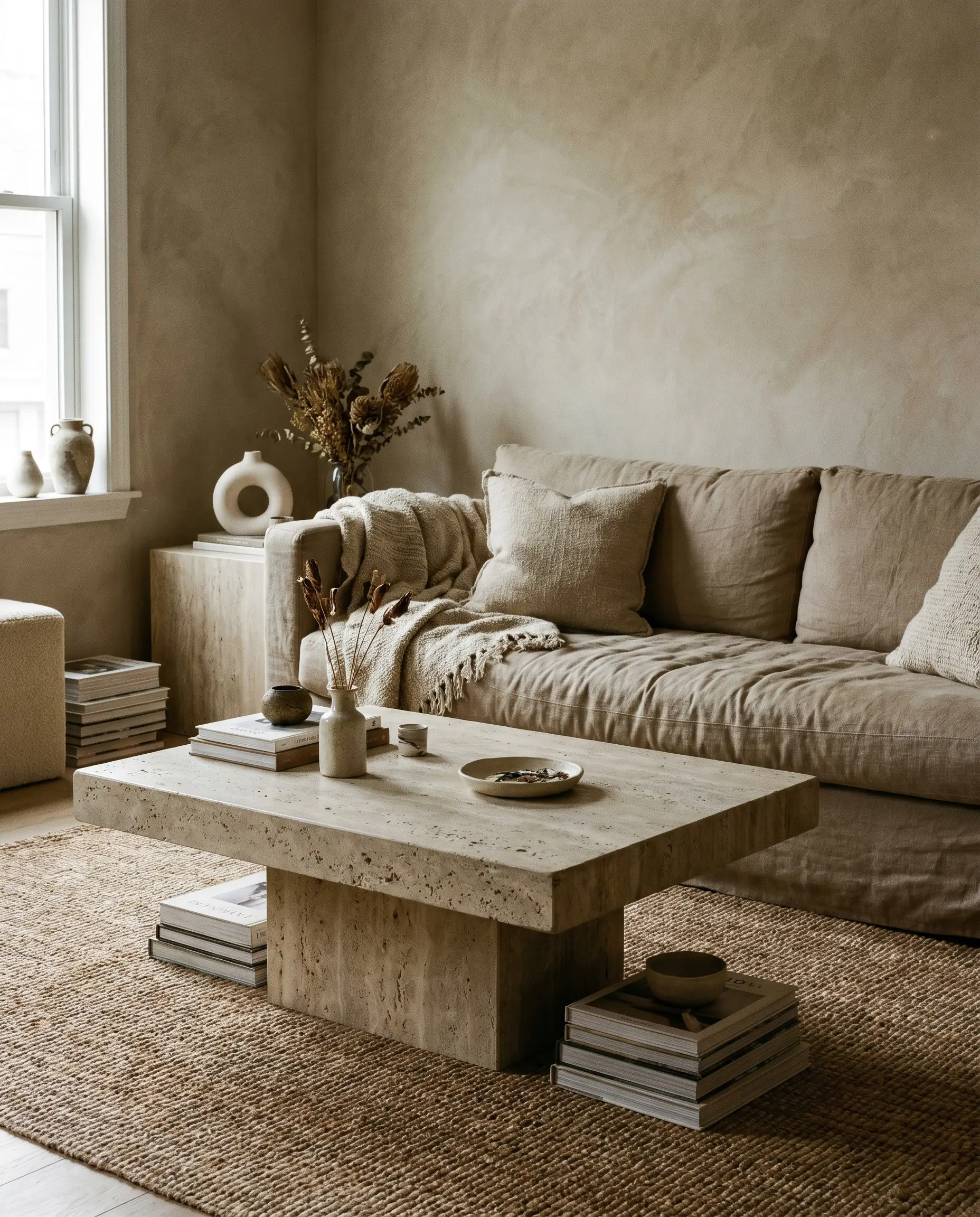 A heavy, honed travertine plinth-style coffee table and comfortable linen sofa complement the earthy, geological textures of a limewash wall living room.