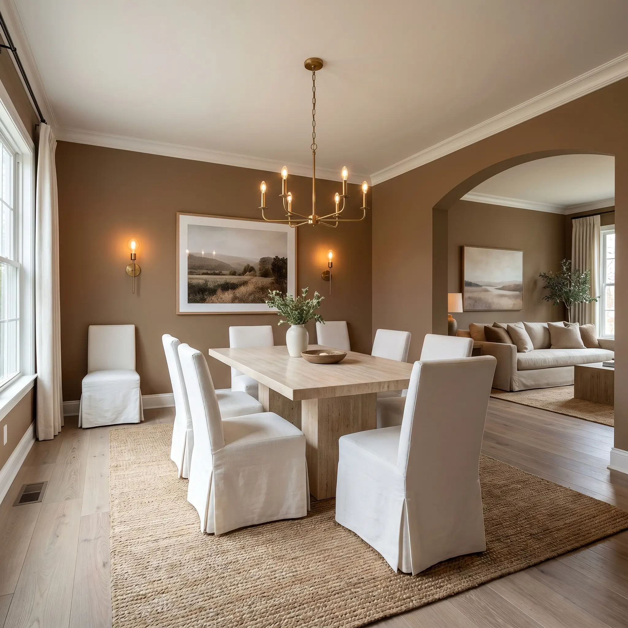 Slipcovered white linen chairs surround a honed travertine pedestal table inside a spacious dining room featuring a rich terracotta tint architectural finish.