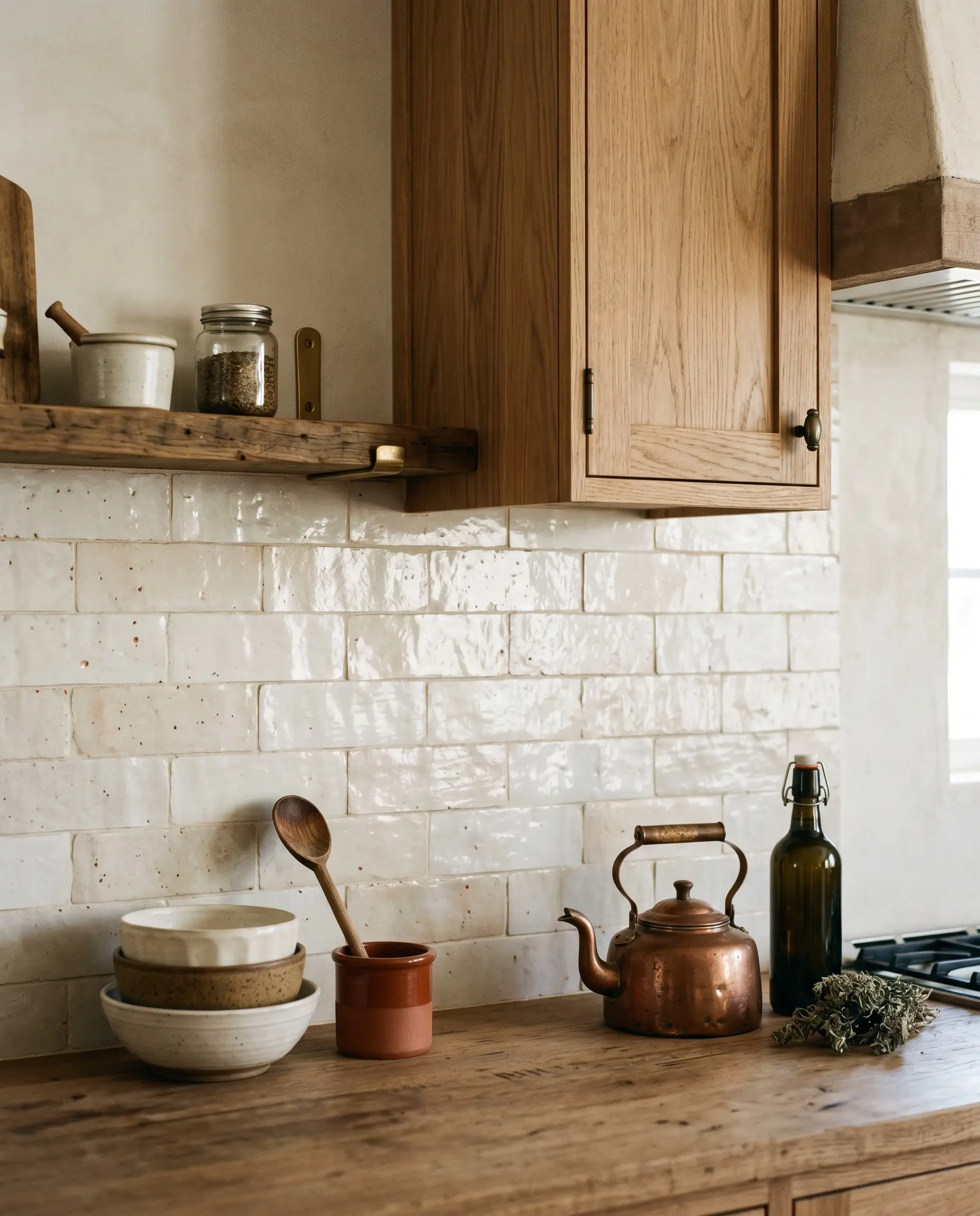 Butt-jointed hand-chiseled ivory tiles installed in a fifty percent offset staggered horizontal brick bond sit above warm wood cabinetry and a lived-in countertop.
