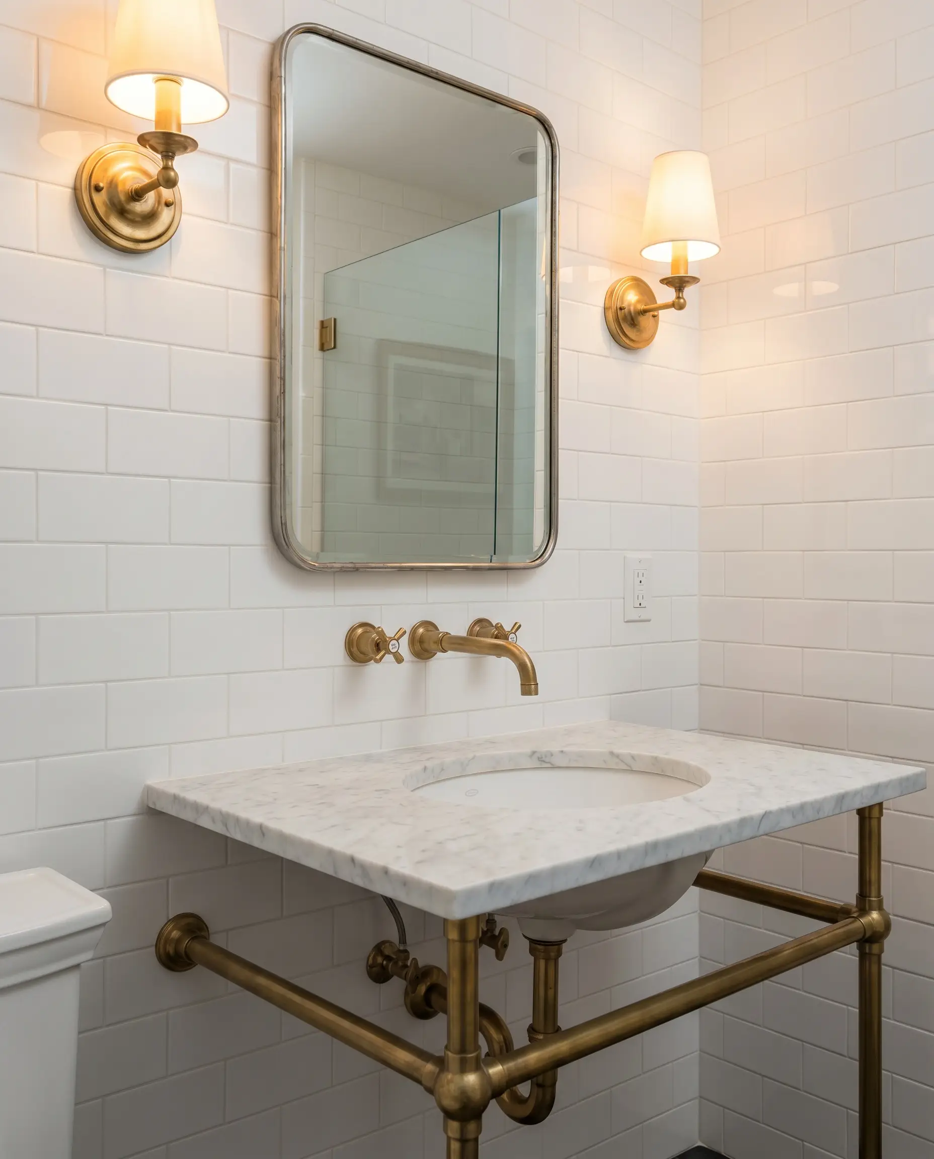 Classic white tiles in a horizontal running bond layout frame unlacquered brass wall-mounted faucets, polished brass sconces, and a marble-topped washstand.