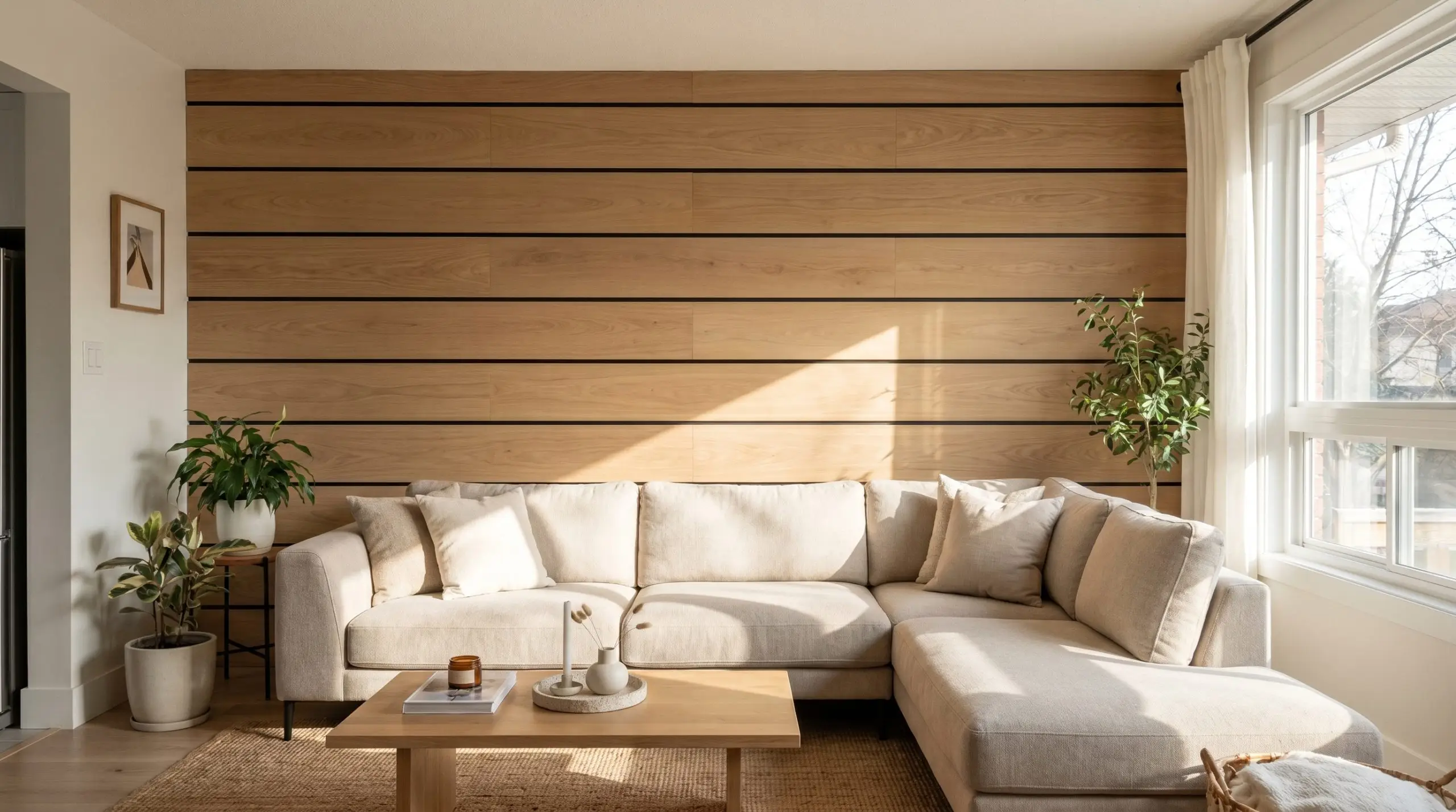 Horizontal white oak veneer panels with a strict one-inch gap span an eight-foot wide wall directly behind an approachable contemporary sofa.