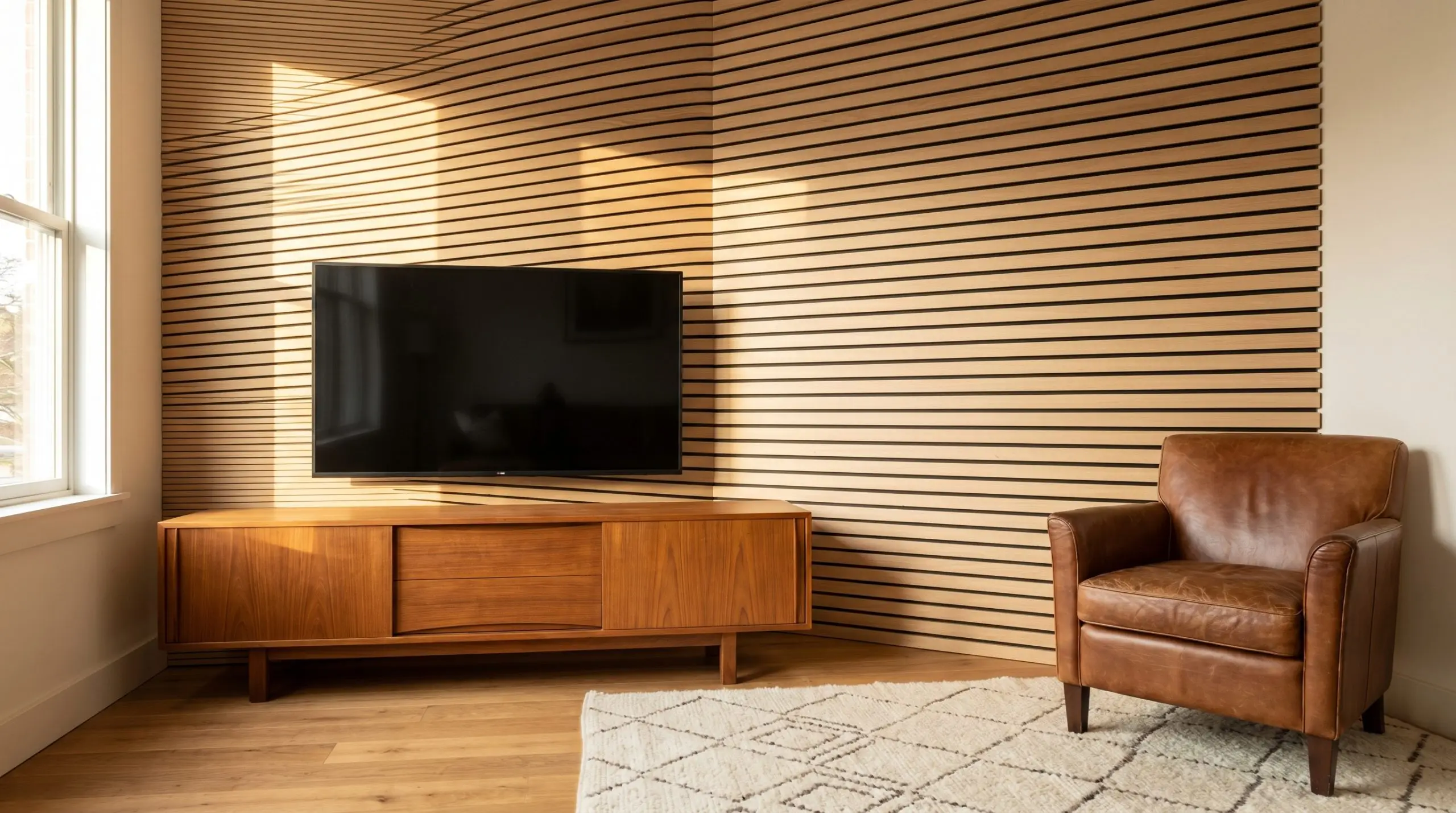 Slim horizontal timber slats create a tambour effect behind a low-mounted television, accompanied by an exceptionally wide teak media console and leather lounge chair.