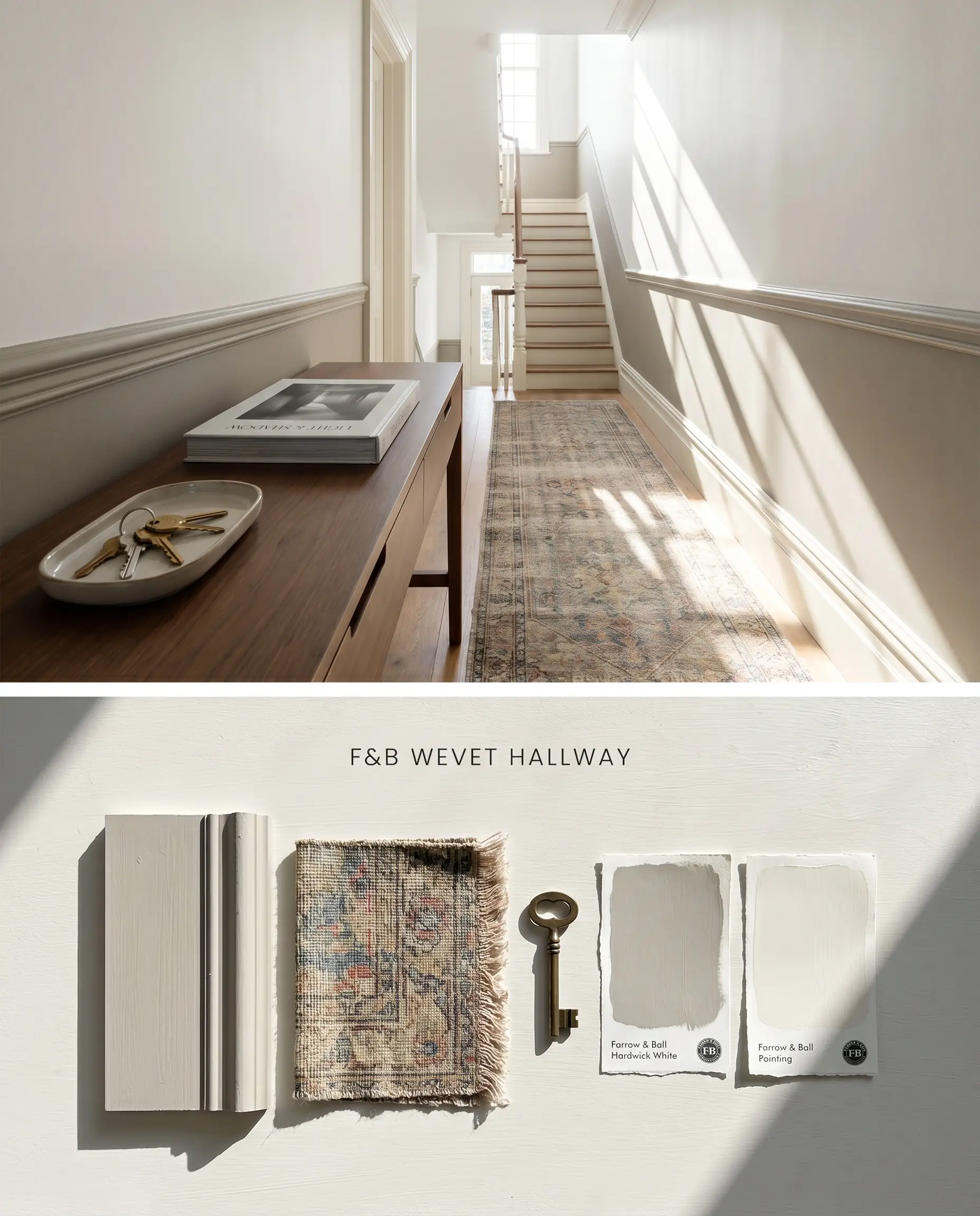 A structured digital conceptual board for a bright hallway featuring Farrow & Ball Wevet upper walls above a flat-lay of wainscoting panels and vintage rug textiles.