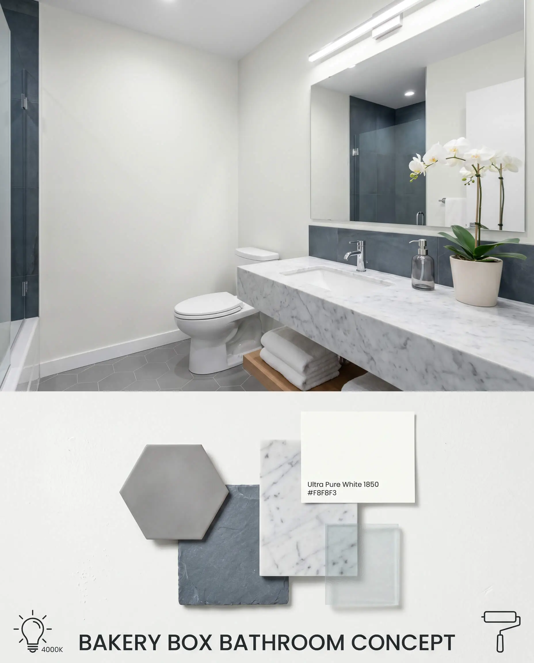 A split digital conceptual board for a windowless bathroom showcasing Bakery Box walls above a textured flat-lay of matte gray hex tile, slate, and veined marble.