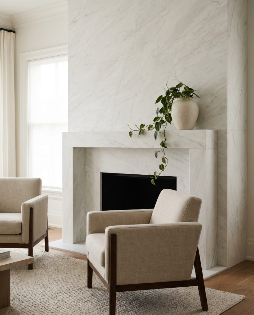 An incredibly dense Imperial Danby stone surround with subtle light grey veining features a minimalist mantel styled with a matte ceramic vessel and trailing green vine.