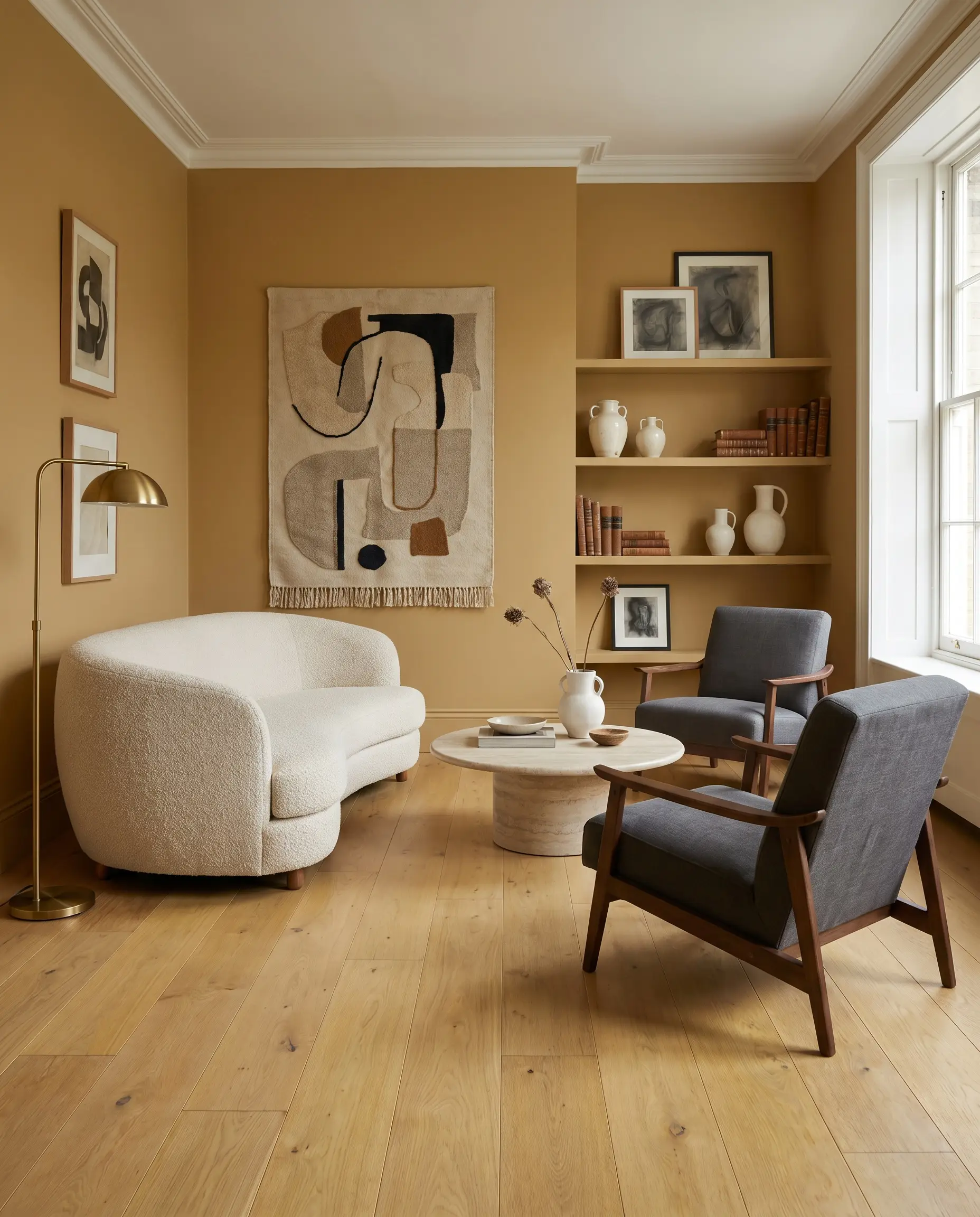 Neutral cream and charcoal upholstery furnishes a vintage-inspired living area featuring Farrow & Ball India Yellow ochre walls and yellow-leaning oak floors.