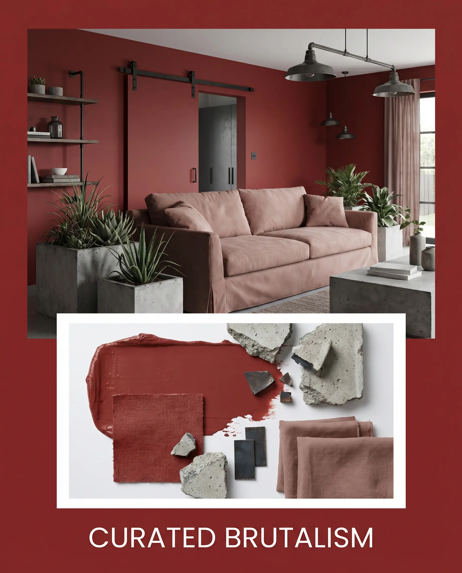 A curated editorial board combines an industrial red living room with a tactile flat-lay showcasing vivid crimson paint samples, raw concrete pieces, blackened steel, and muted clay fabric.