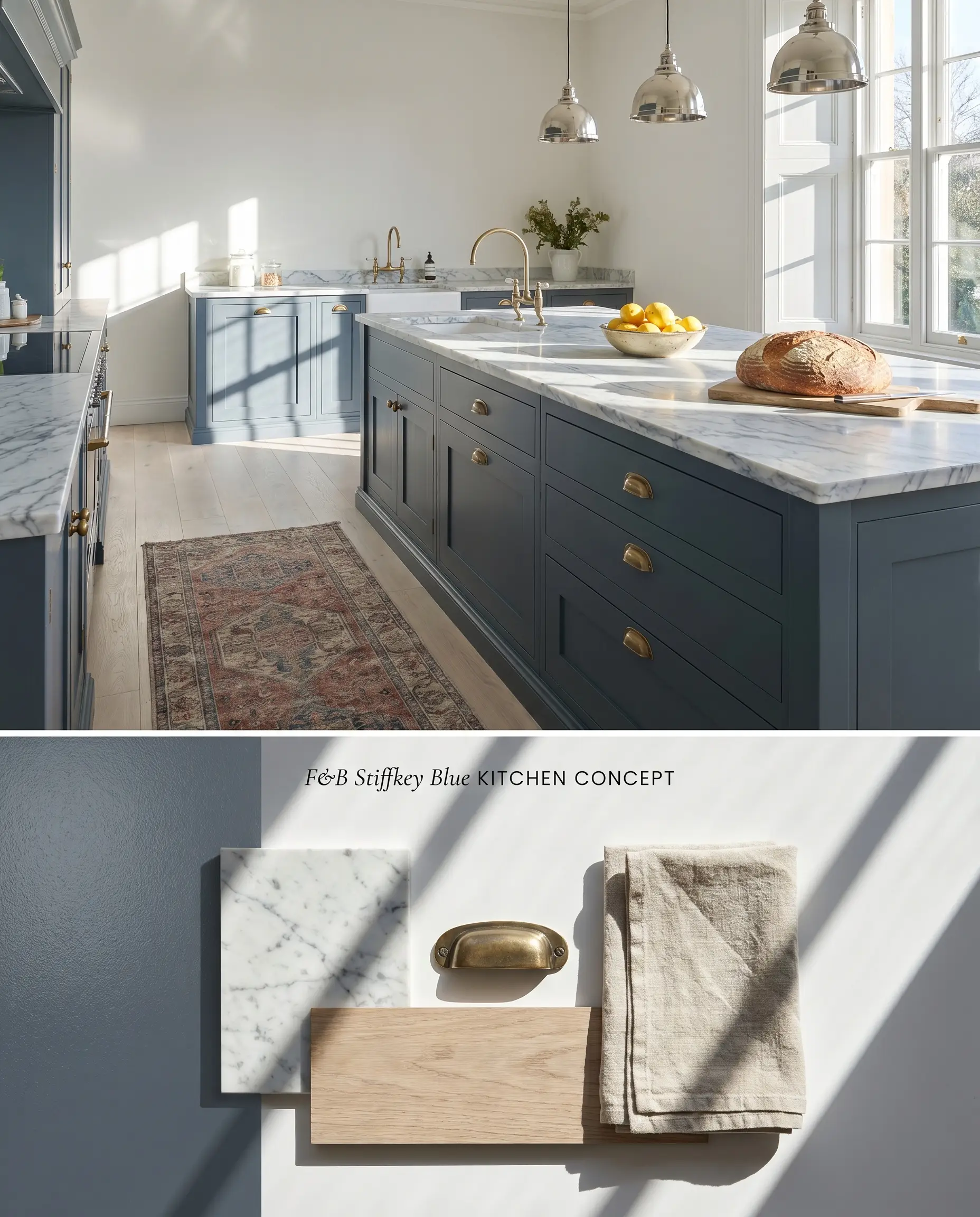A split digital conceptual board for a kitchen featuring Farrow & Ball Stiffkey Blue cabinets with Carrara marble, above a textured material flat-lay.