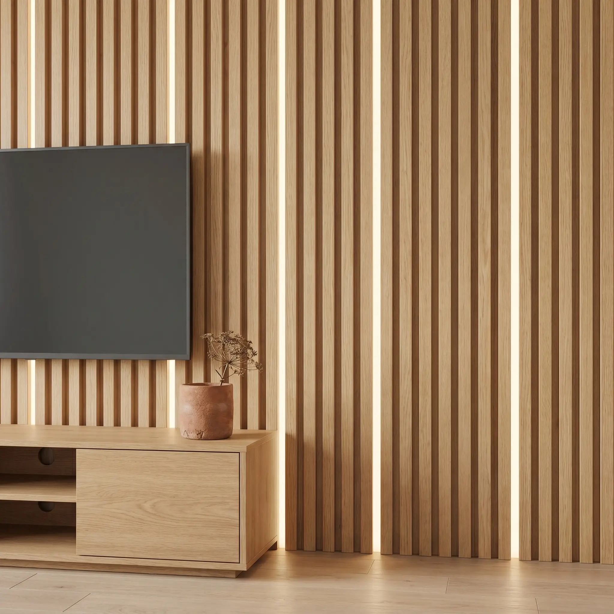 Architectural accent LED channel diffusers emit a warm glow, flush-mounted directly into the gaps between vertical acoustic wood slats behind a sleek television monitor.