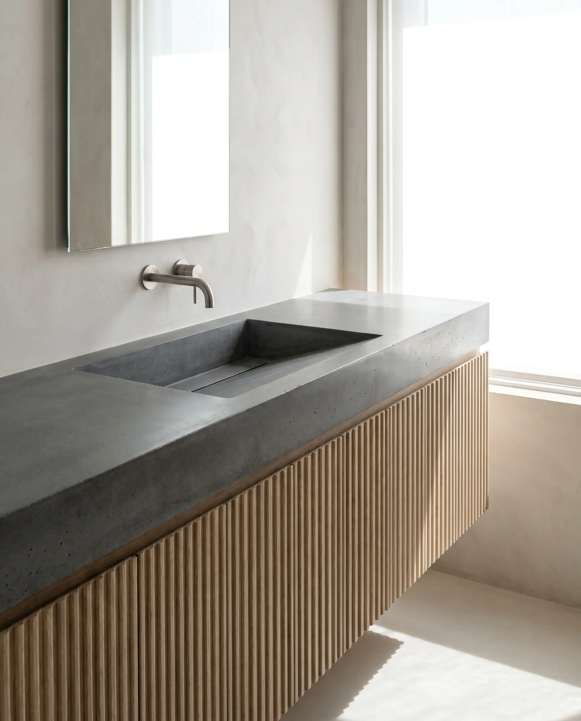 A custom poured concrete top with a sloped integrated ramp sink and hidden slot drain rests heavily on a highly textured ribbed wood base.