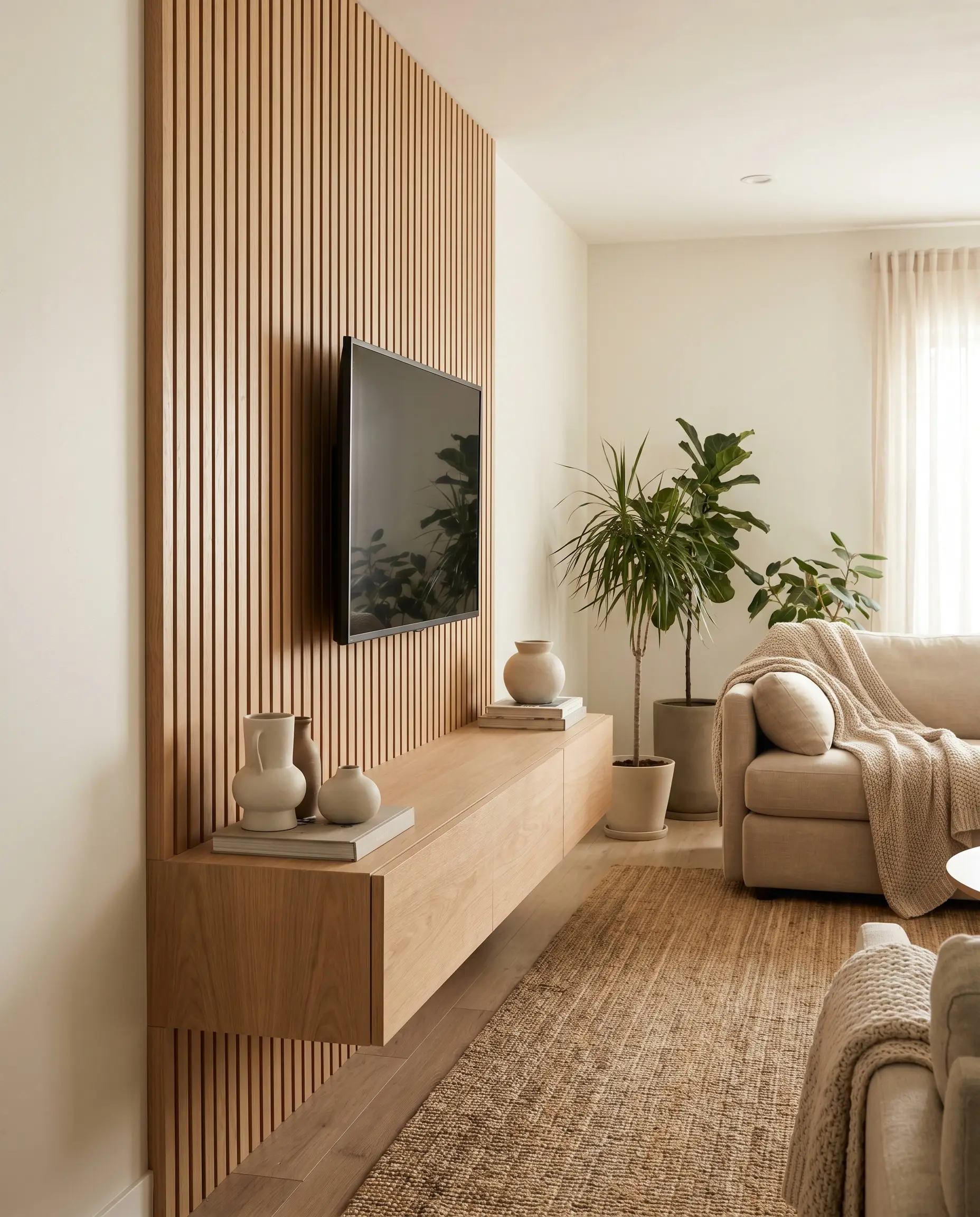 A custom white oak floating shelf slots seamlessly between vertical white oak wall slats with zero visible gaps below a wall-mounted television.