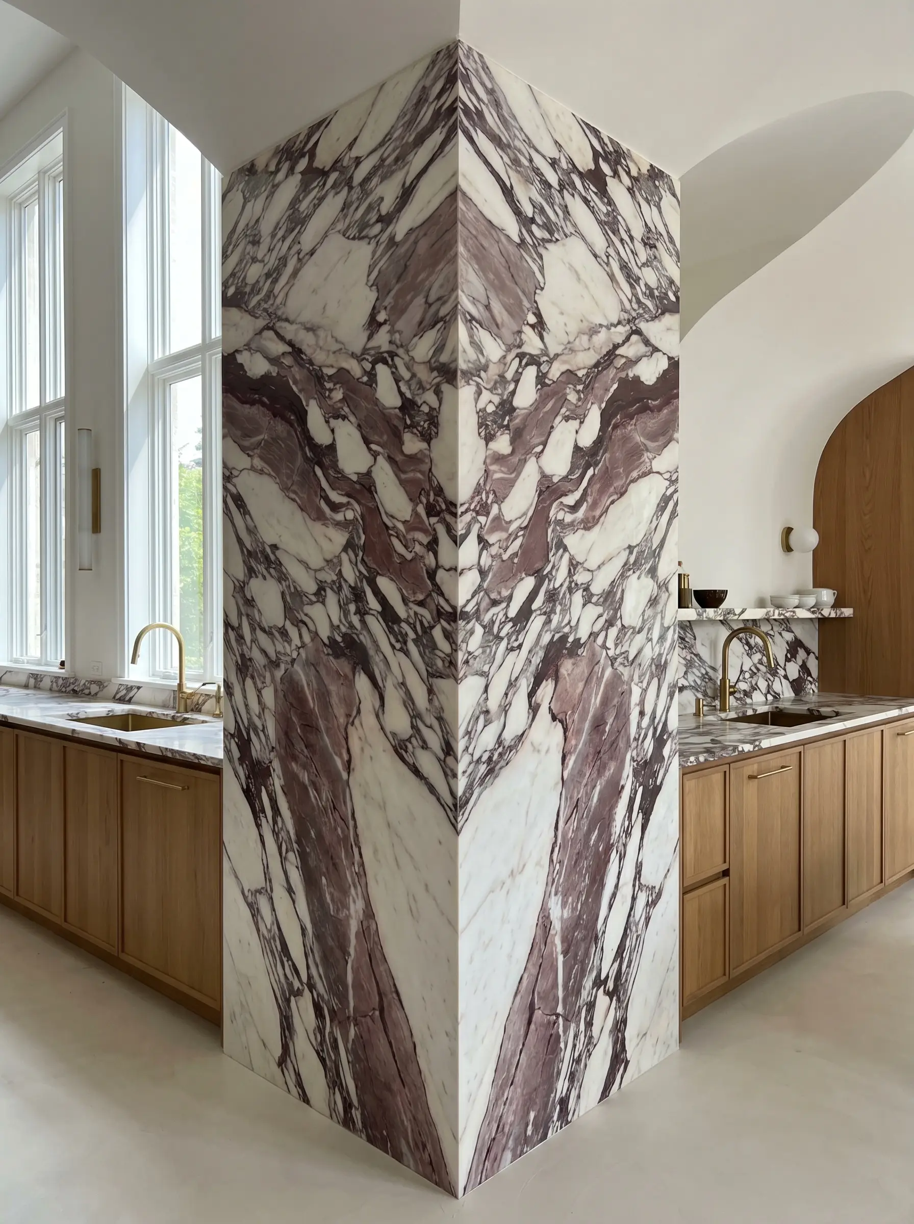 Large-format Calacatta Viola porcelain slabs box out a central interior column in an Italian postmodern luxury kitchen featuring warm oak cabinetry and brass fixtures.