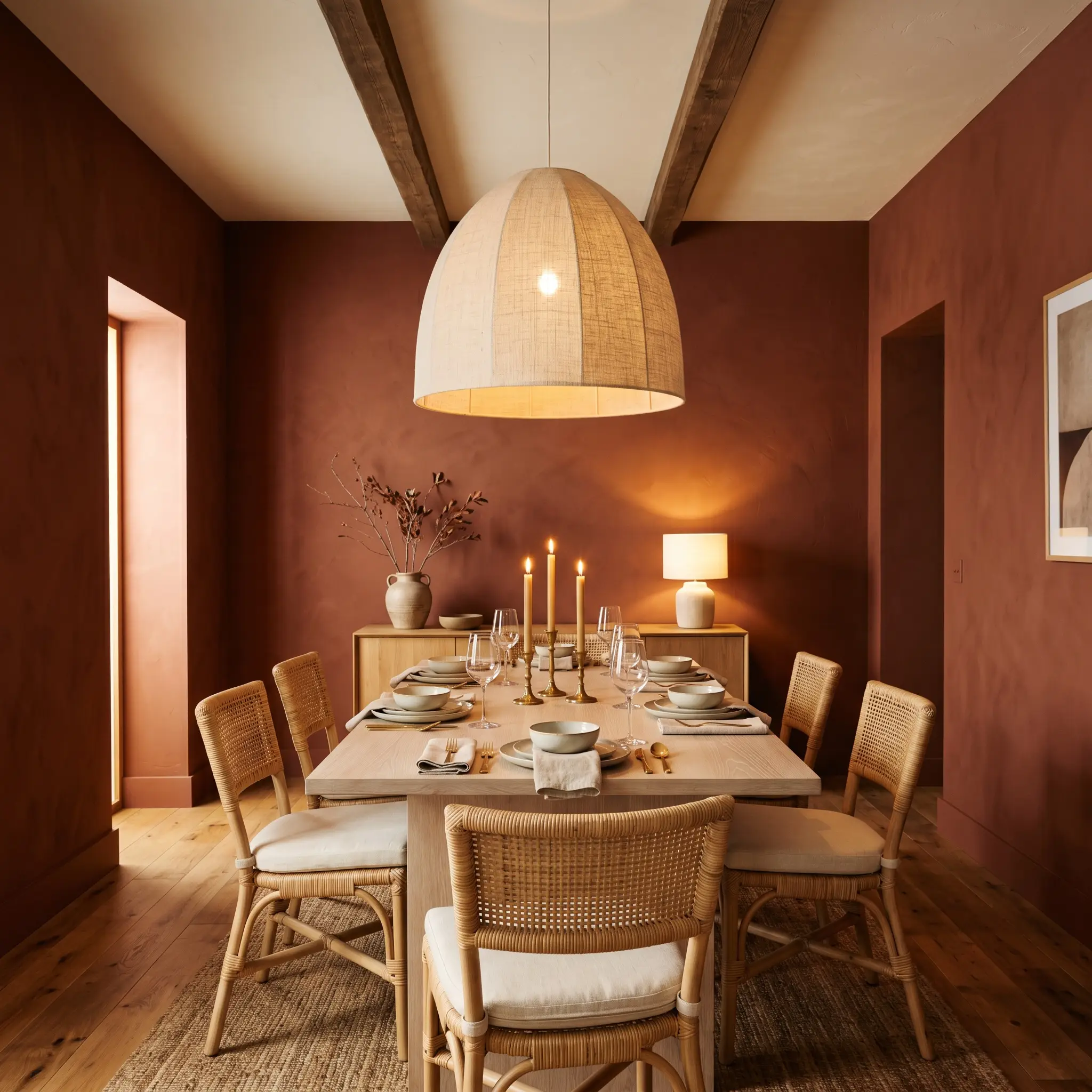An oversized linen pendant light hangs above a bleached white oak table and woven rattan chairs in an intimate dining room with warm architectural finish walls.