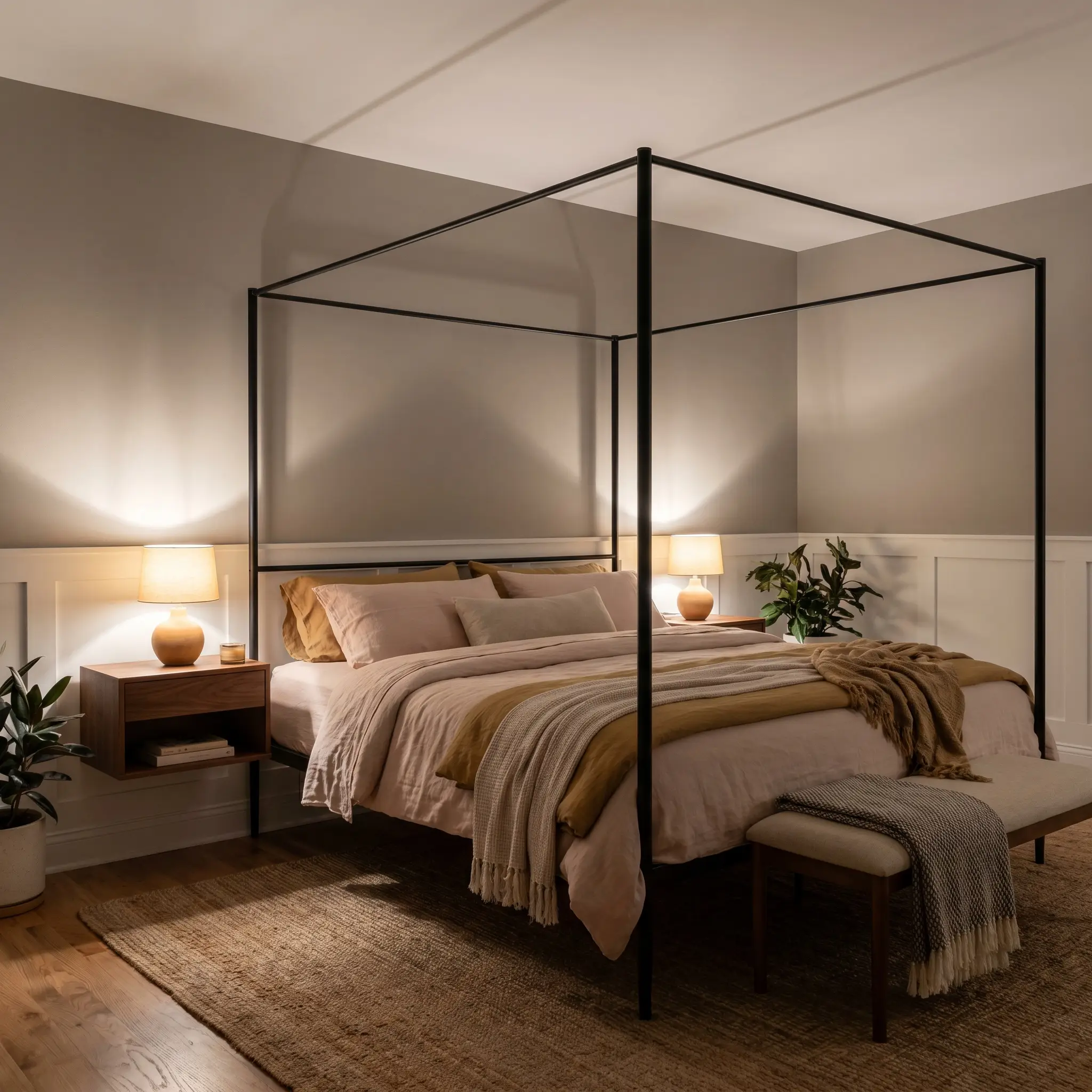 A sleek iron canopy bed dressed in washed linen sheets sits between floating walnut nightstands against crisp white wainscoting and taupe-gray upper walls.