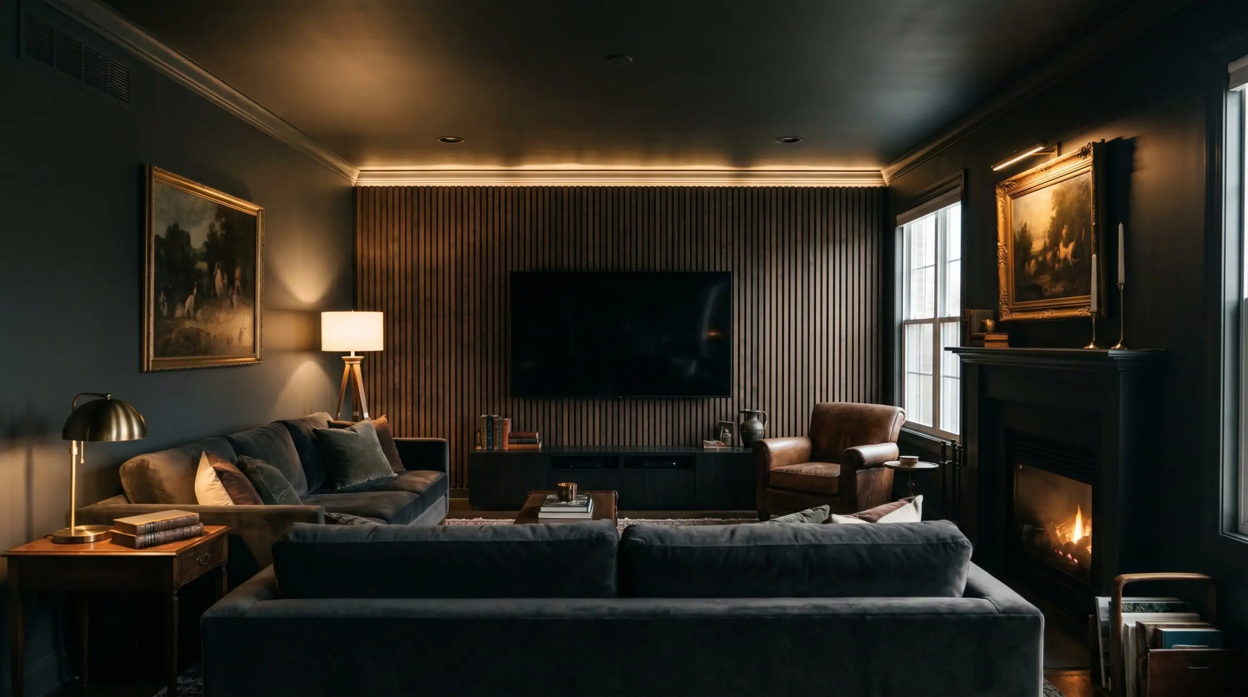 A premium walnut and dark wood slat media wall blends into a moody living room color-drenched in matte Iron Ore charcoal paint.