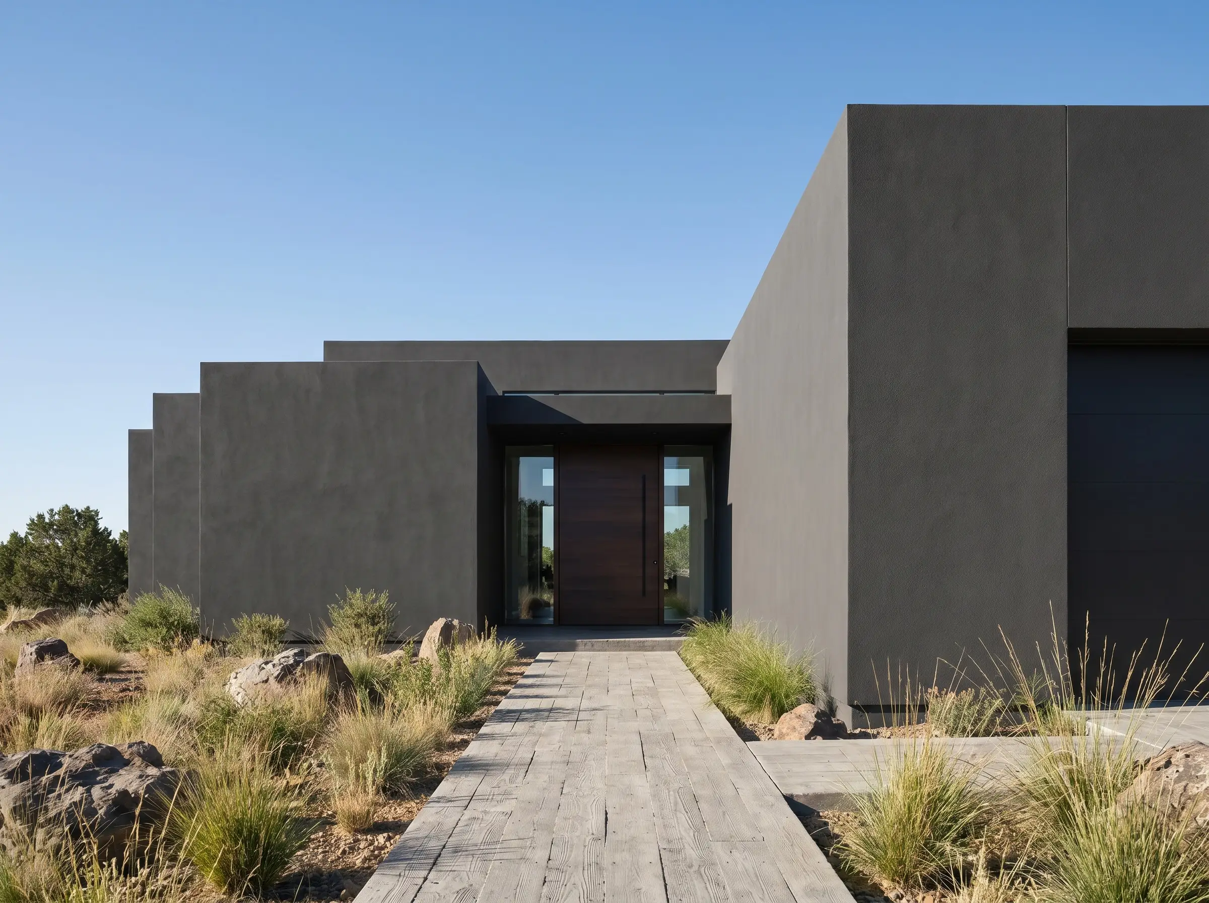 A flat-roof contemporary home features ultra-smooth near-black iron ore stucco walls anchored by a rugged, board-formed concrete pathway leading to the entrance.
