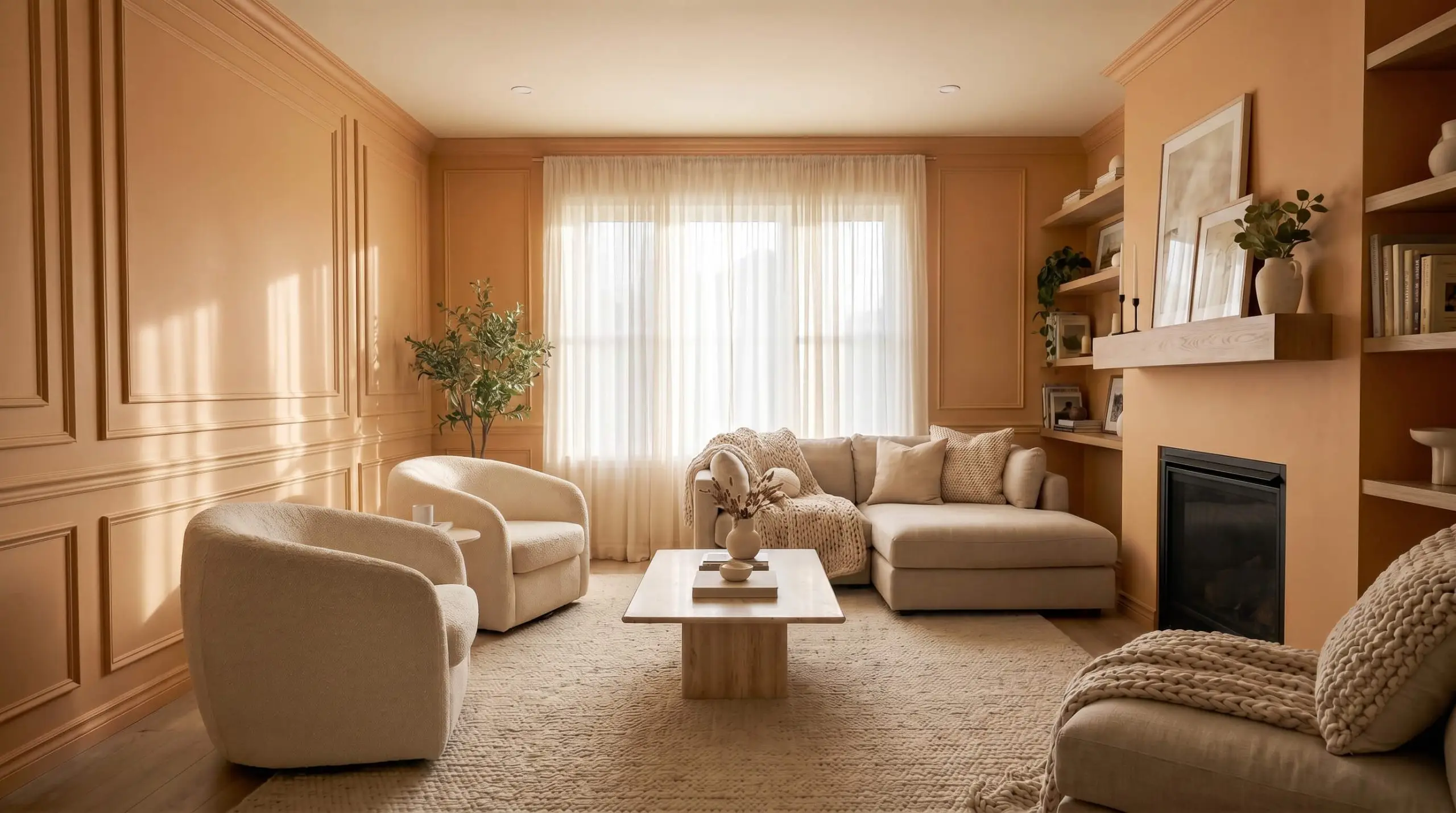 Ivory boucle barrel chairs and a honed travertine coffee table rest on a plush wool rug, surrounded by applied picture molding painted in Benjamin Moore Natural.