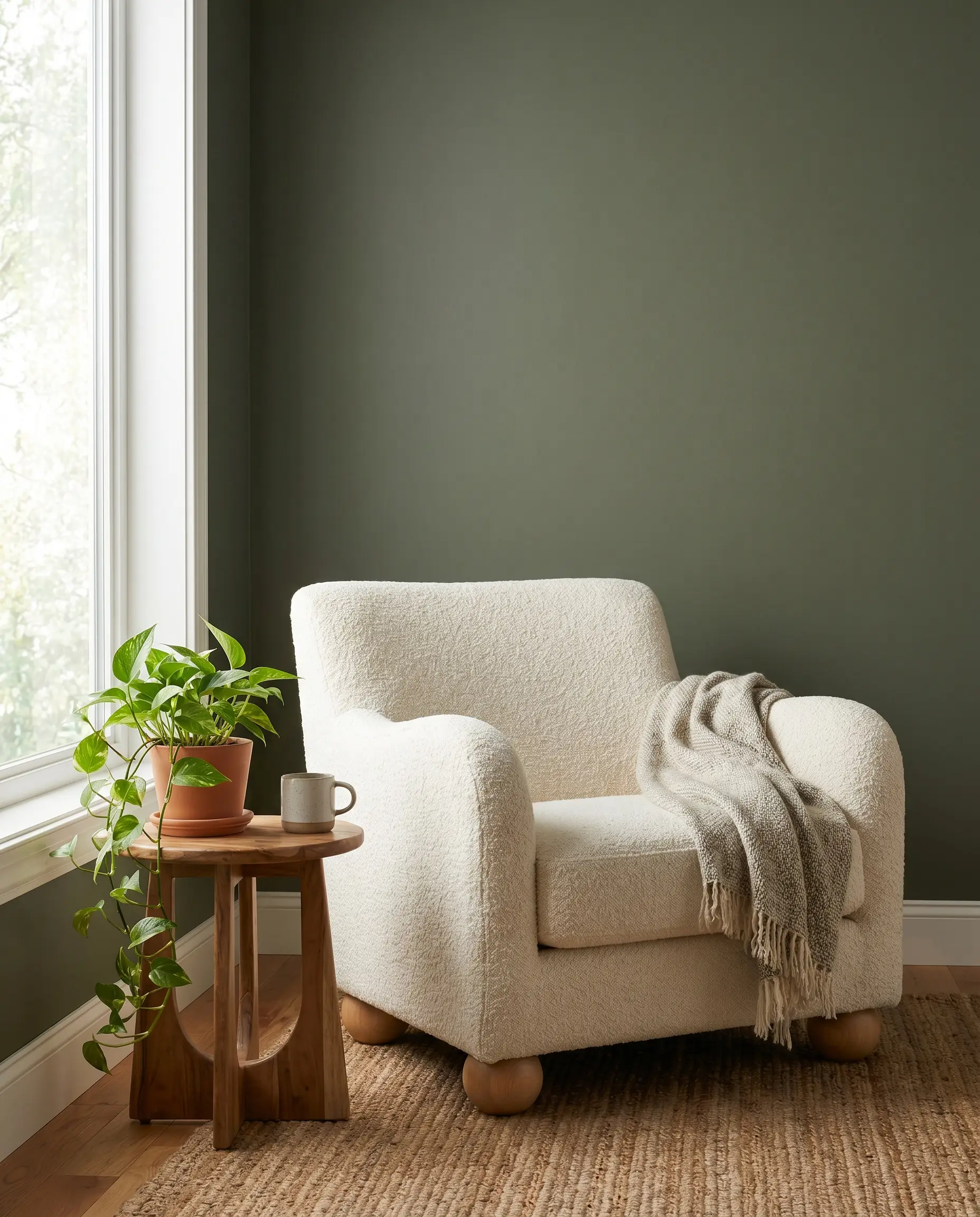 An ivory cream bouclé accent chair and small wooden drink table rest beside a trailing pothos plant against a flat dark green wall.