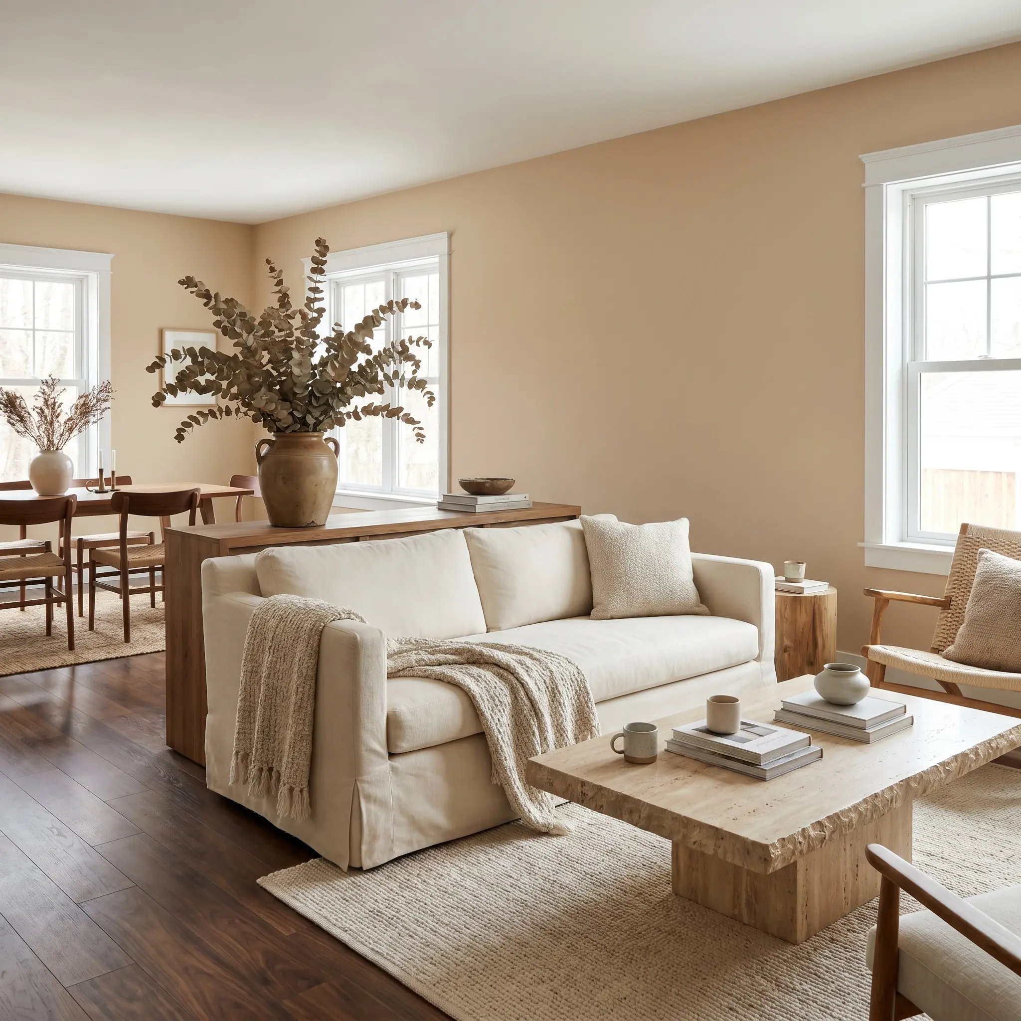 Oversized botanical branches in vintage pottery sit near an ivory slipcovered sofa and raw travertine coffee table surrounded by Behr Baja PPU7-08 walls.