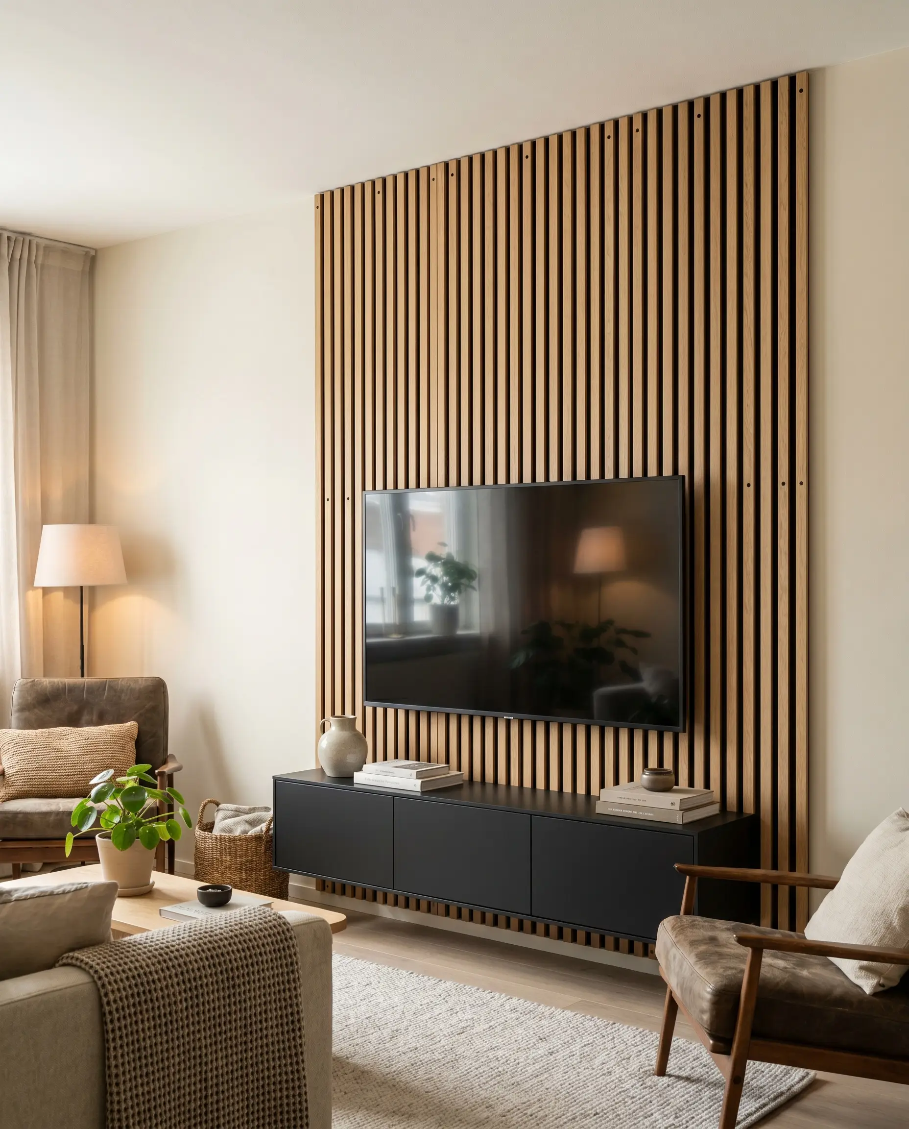 Natural oak acoustic wood panels with black recycled felt backing sit behind a sleek television and a matte black floating media console.