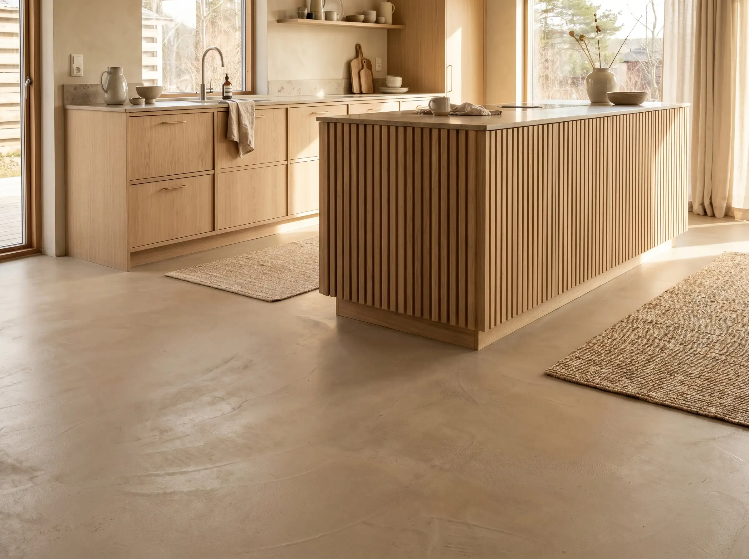 Japandi style kitchens utilize continuous troweled micro-cement floors to ground pale wood cabinetry and a slatted wood island.