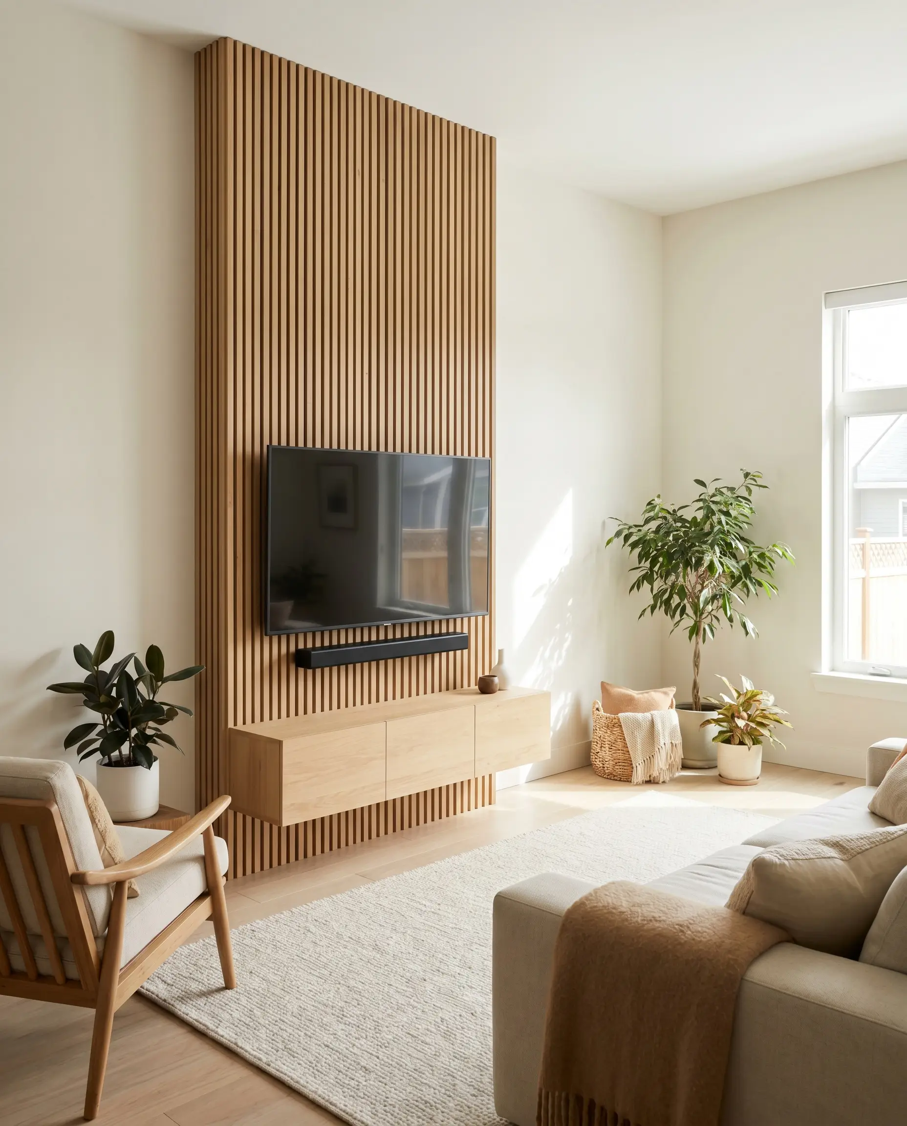 A narrow white oak acoustic wood panel column runs vertically behind a flat-screen television and a low-profile floating media console.