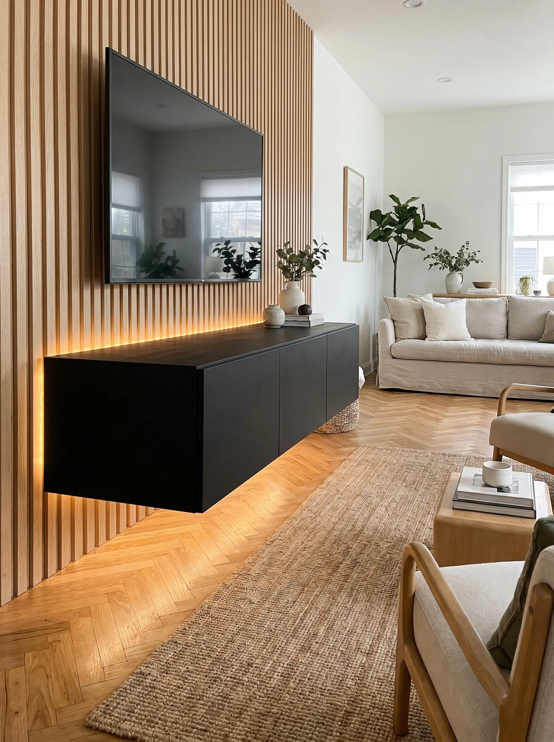 A heavy matte black floating media console mounts securely against a white oak slat wall illuminated by a warm under-cabinet LED strip.