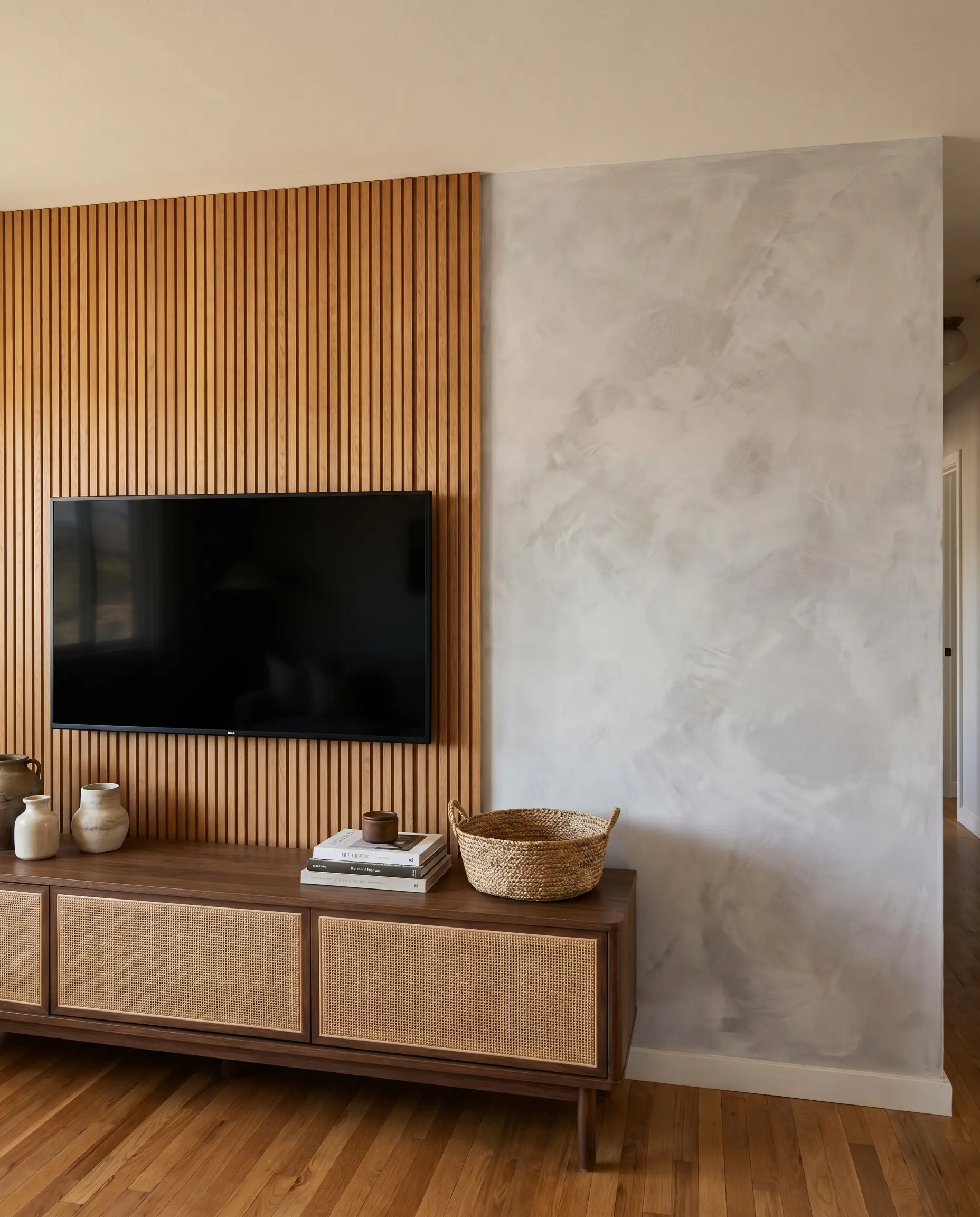 Warm-toned oak vertical slats contrast against cool-toned El Mirage limewash plaster behind a sleek television and a low-profile media console.