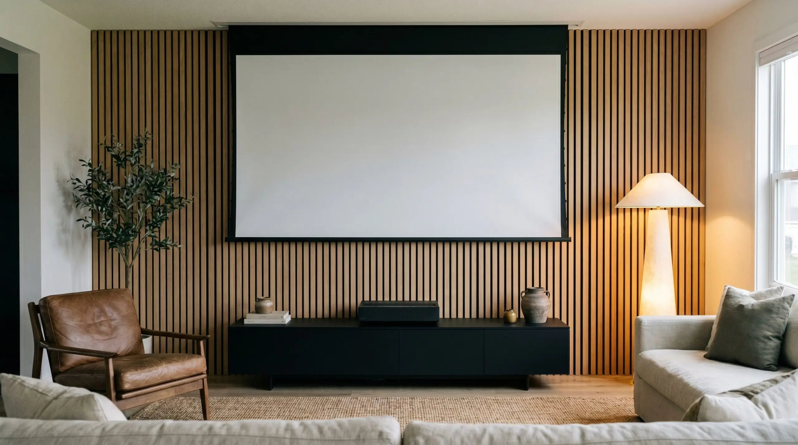 A motorized projector screen drops down over Japandi style wood slat TV walls above a low-profile matte black media console housing an ultra-short-throw projector.