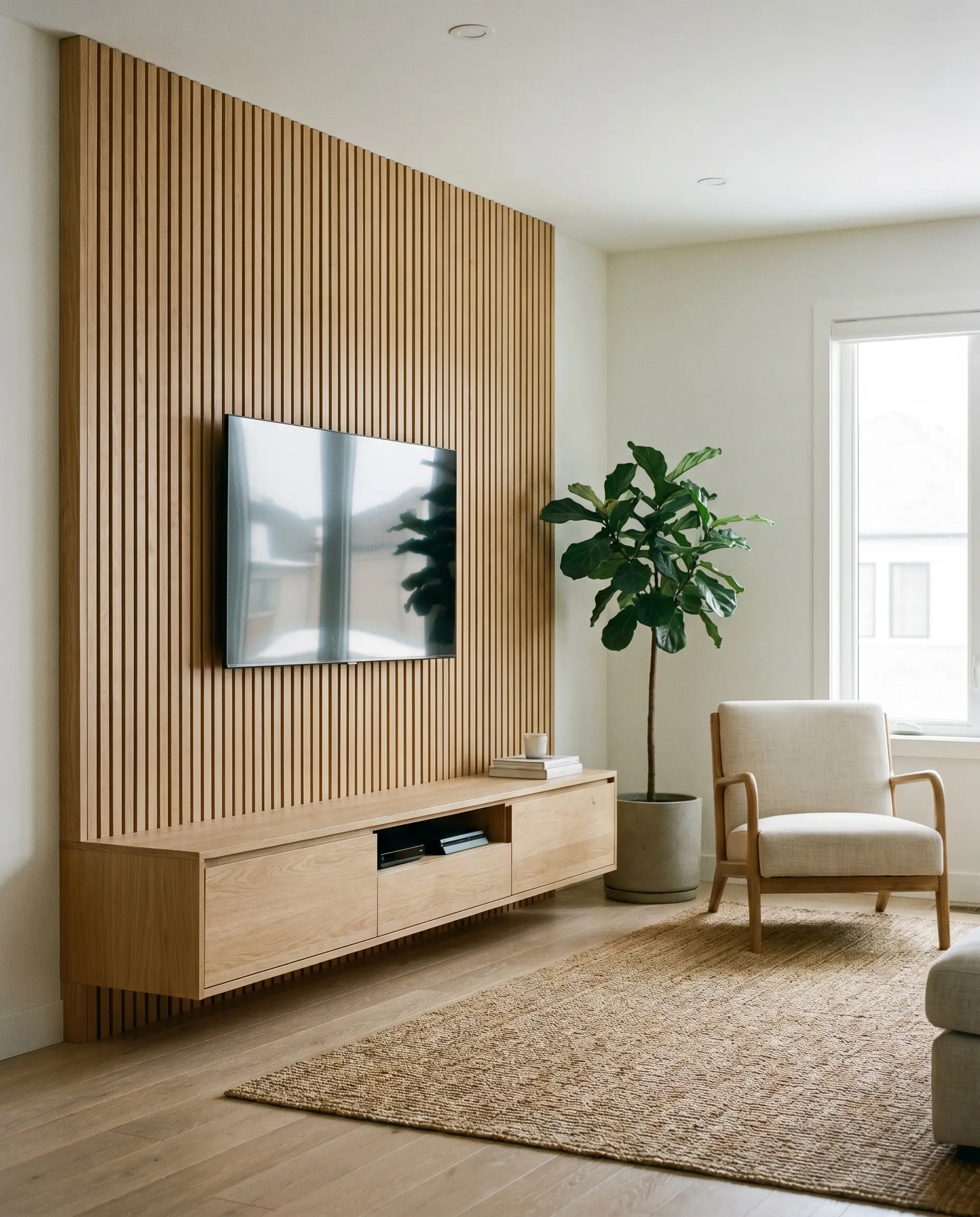 A sleek television mounts directly onto vertical white oak slats above a low-profile floating media console featuring integrated cable management channels.