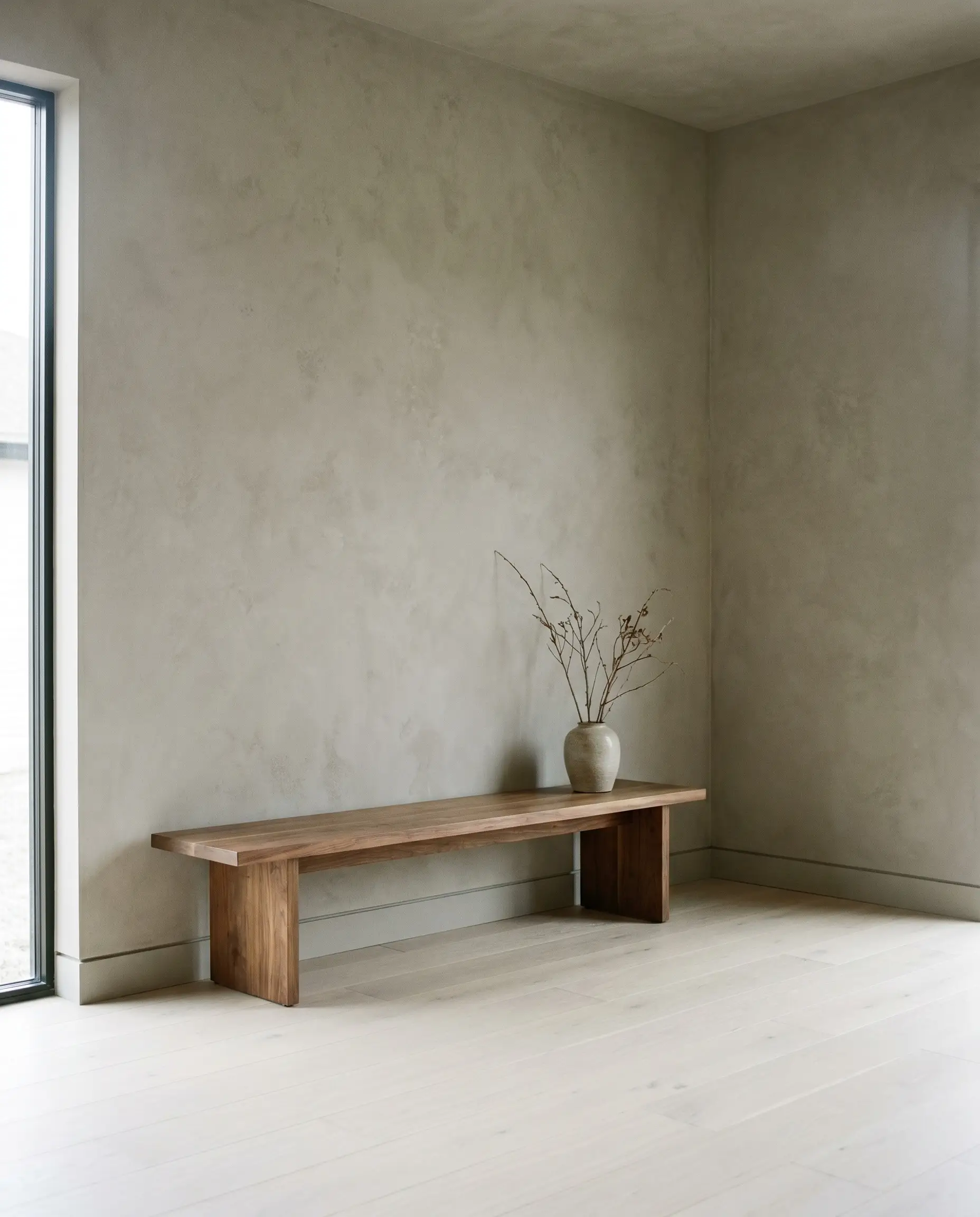 A low-profile solid walnut bench sits against Romabio Celtic Stone textured greige walls and flush minimal baseboards in a minimalist Japandi entryway.