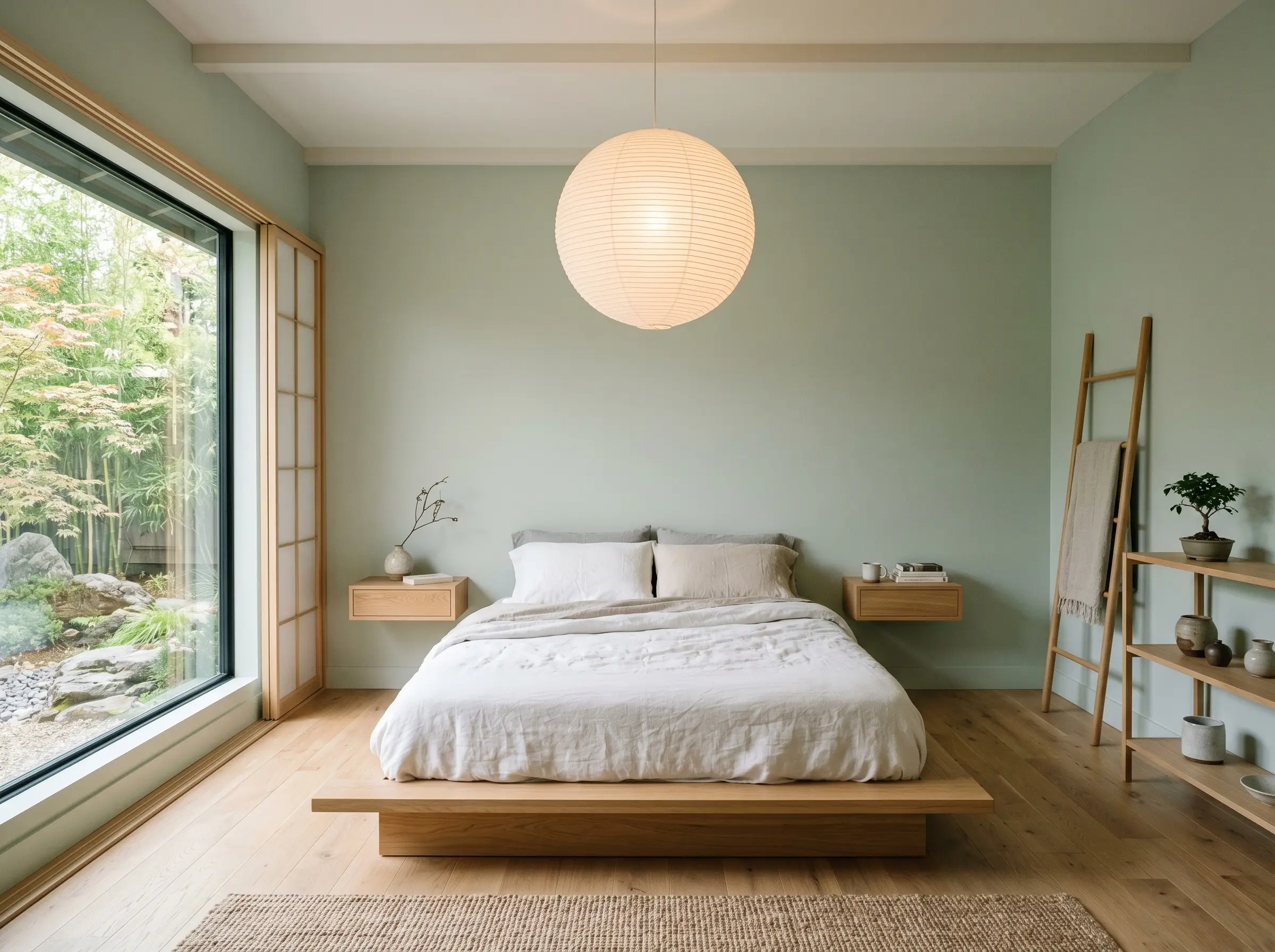 A low-slung wooden platform bed, floating minimal nightstands, and a paper lantern pendant highlight these pale, highly desaturated sage green bedroom wall ideas.