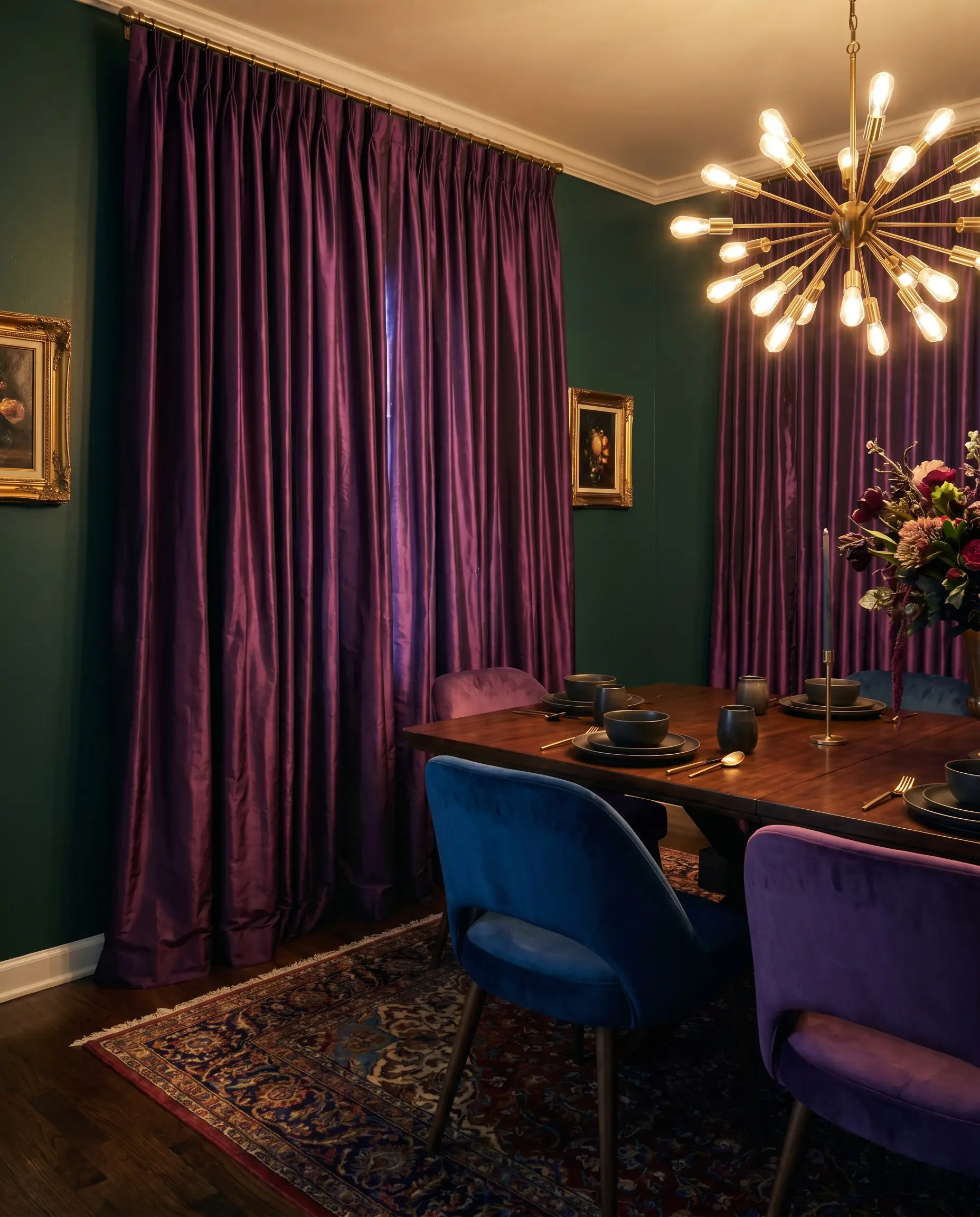 Crisp deep plum silk taffeta curtains frame a standard dark wood dining table and velvet dining chairs under a warm brass chandelier.