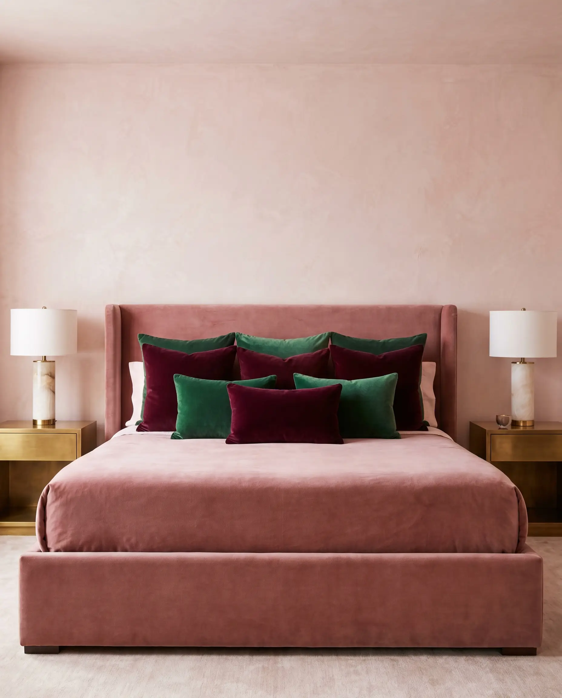 Deep burgundy velvet and emerald green cashmere accent pillows sit on a dusty rose velvet bed, adding contrast to a luxury pink girl bedroom design.