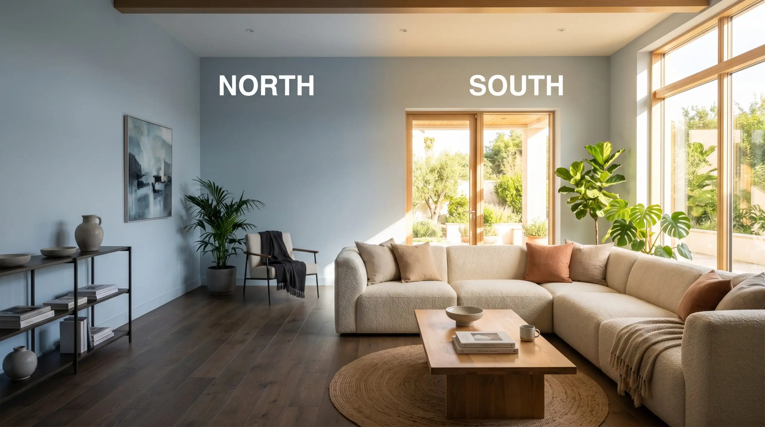 A split-screen living room demonstrates Farrow & Ball Kakelugn shifting from a cool, chilly blue in Northern light to a warm, golden hue in Southern exposure.