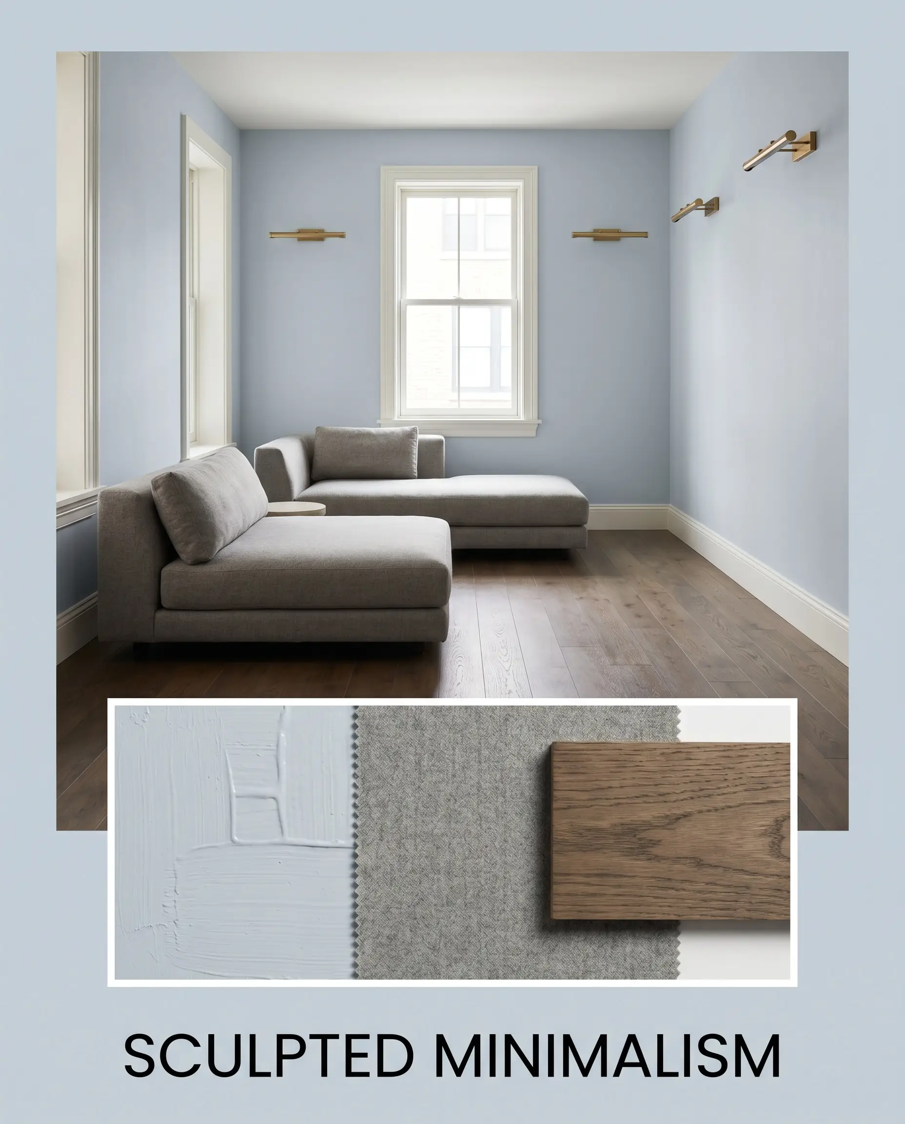 An editorial mood board presents a minimalist living space with low-profile worsted wool seating, accompanied by a flat-lay of smoked oak and a silvery blue cast paint texture.
