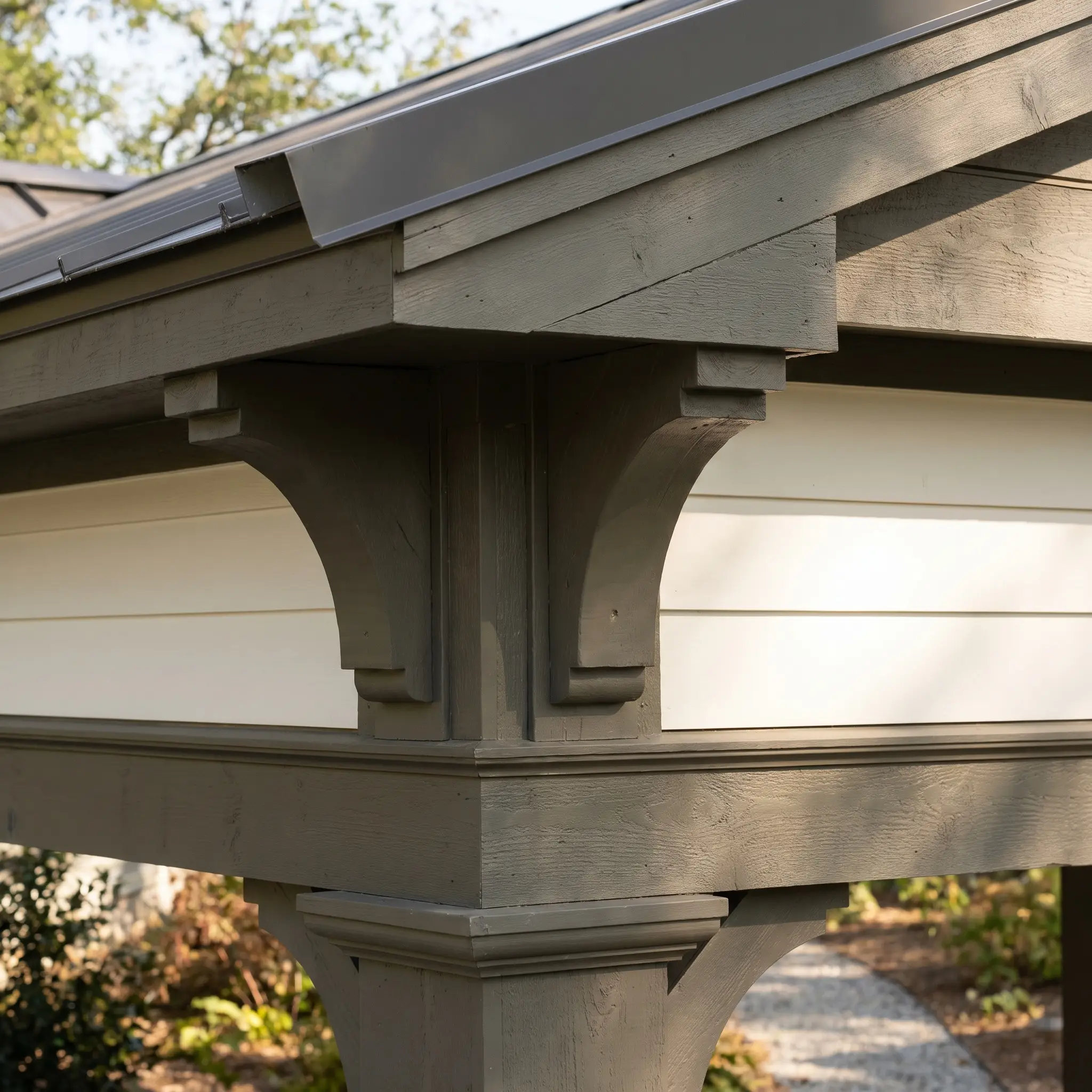 Deep earthy charcoal-grey corbels and thick fascia boards beautifully frame a secondary outbuilding roofline above warm white siding and a matte metal roof.