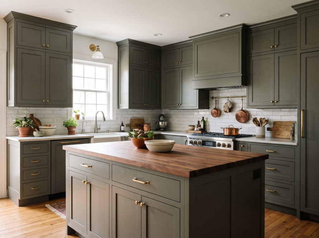 Extensive cabinetry showcasing the best benjamin moore cabinet paint colors features a warm dark gray finish, edge-grain butcher block countertops, and brushed brass pulls.