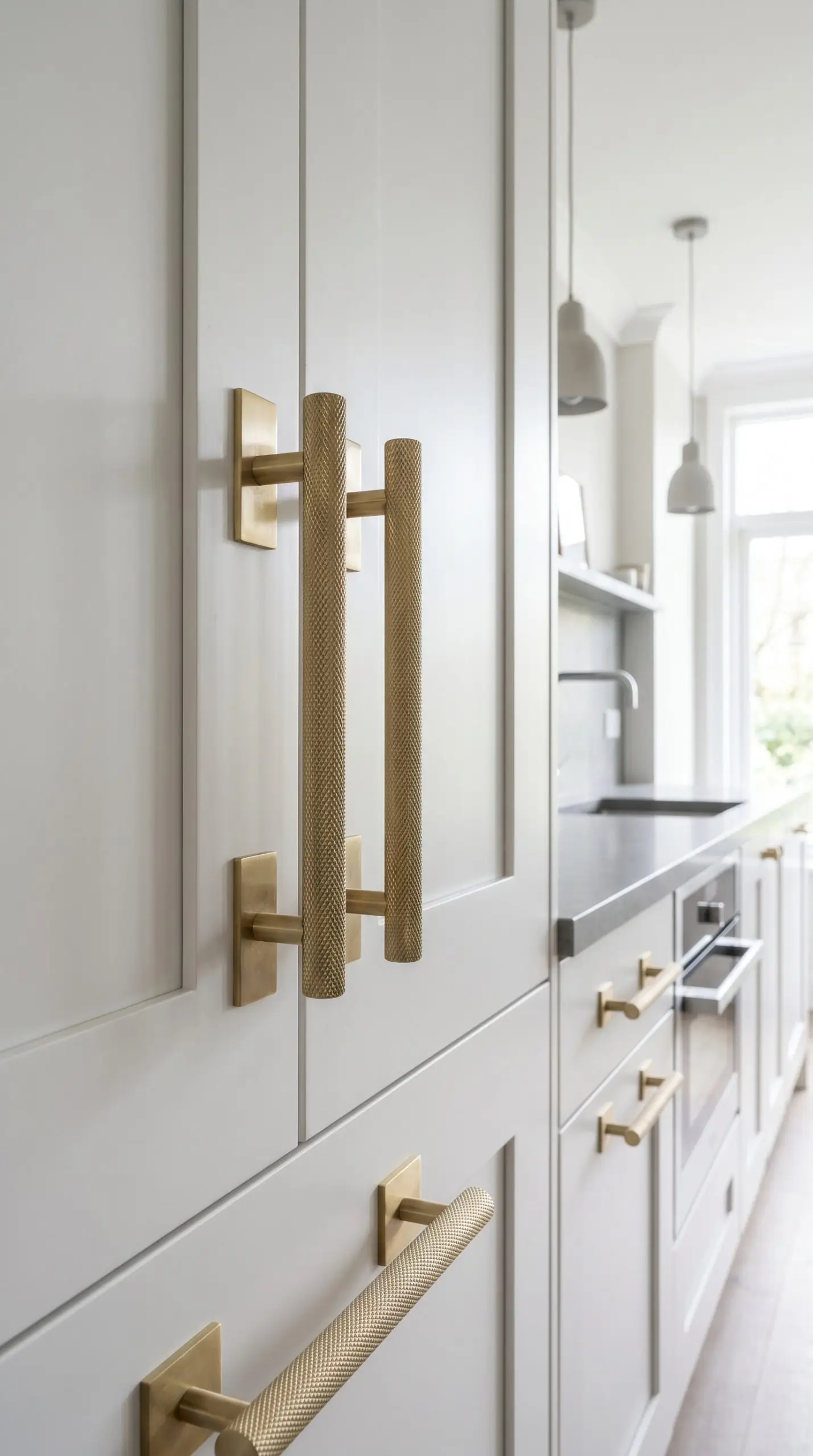 Knurled solid brass bar pulls and clean unadorned backplates sit against the smooth flat recessed panels of white shaker doors in a contemporary zone.